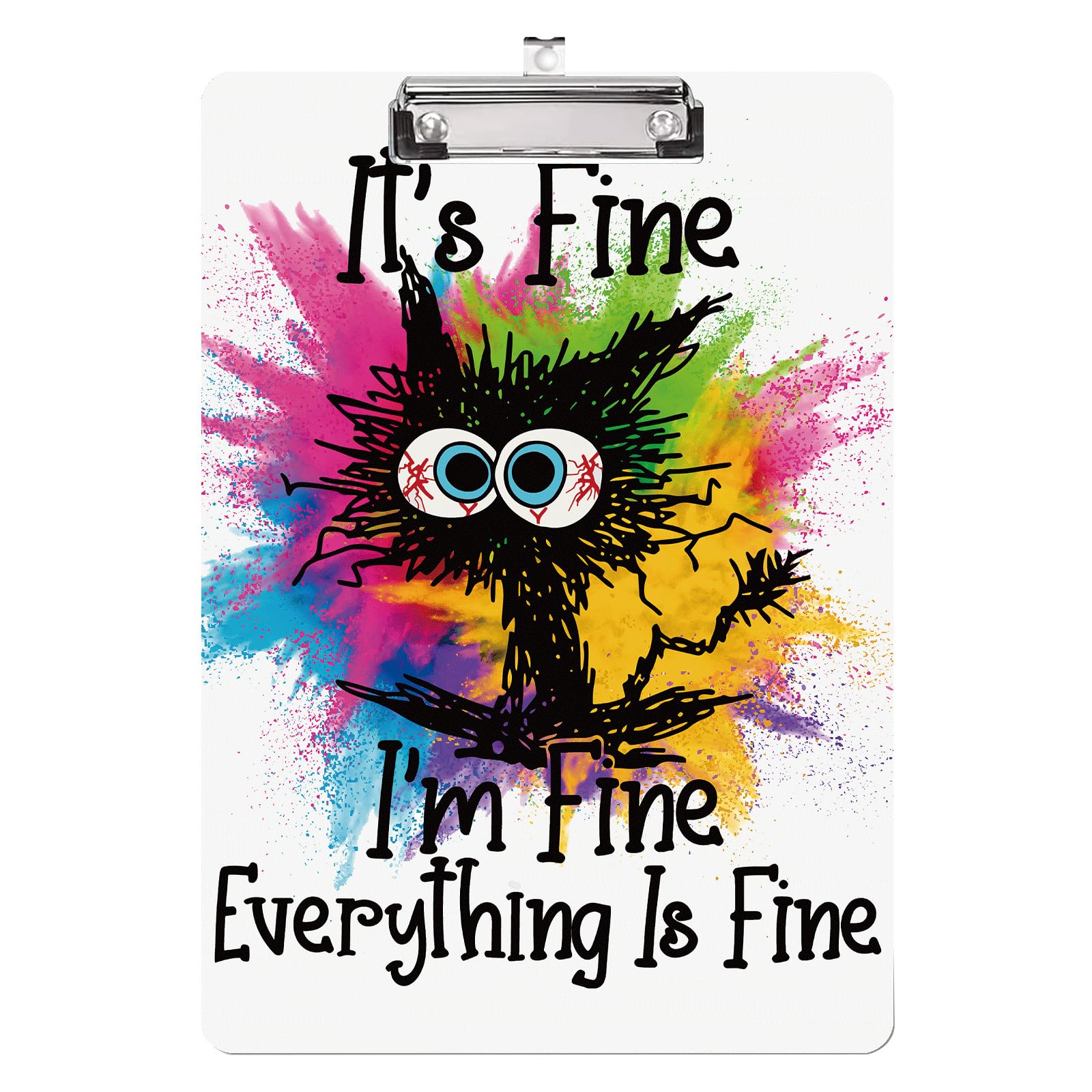 Everything is Fine l'm Fine Cat, portablocco standard A4, formato lettera, 12,5 x 8,7 cm, in plastica, con clip a basso profilo, retrattile, per appendere appunti decorativi