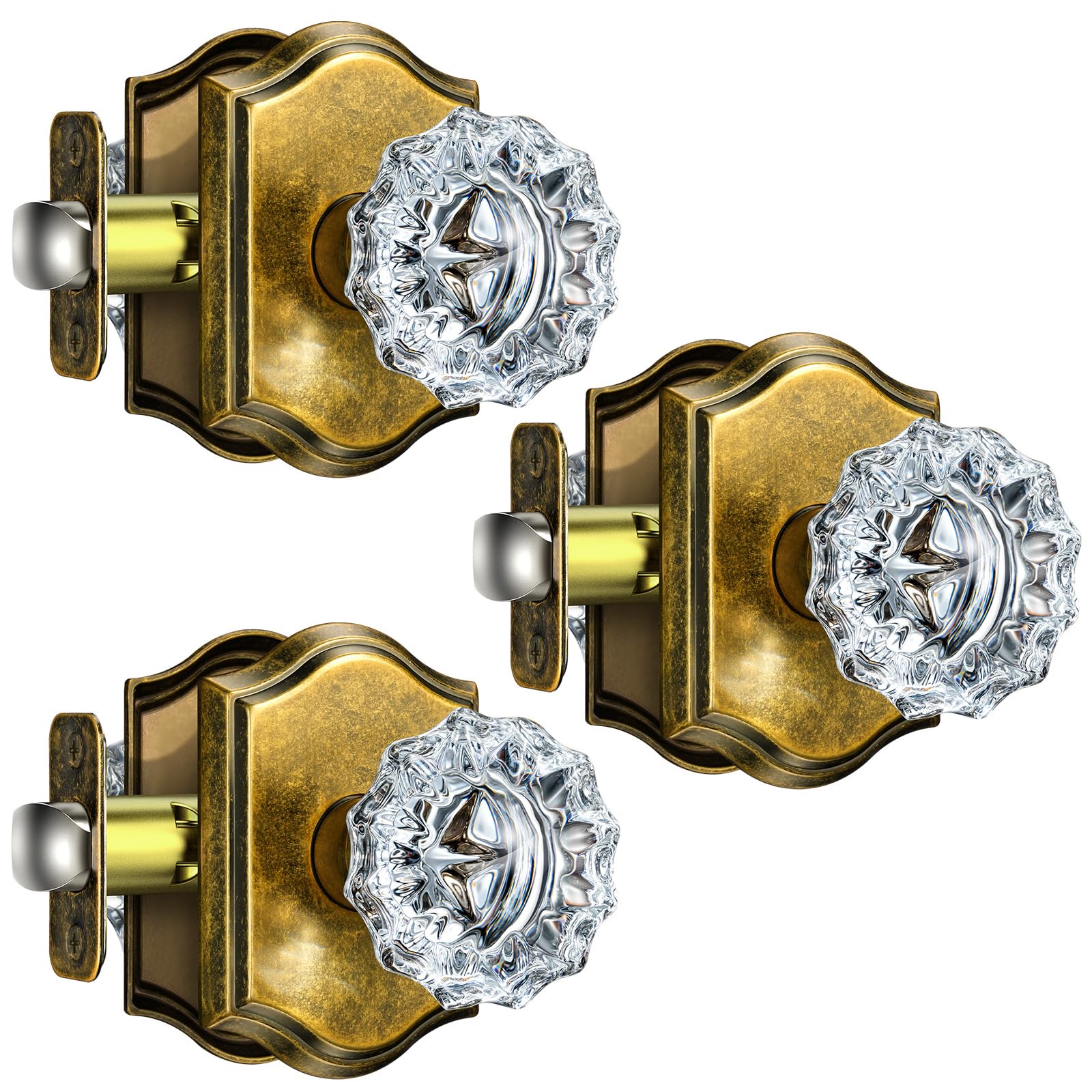 Calzibeno Glass Door Knobs, Passage Aged Brass Door Knobs Interior, 3 Pack