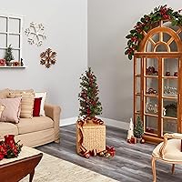 Vista 5 de Nearly Natural Árbol de Navidad artificial de bayas y pino de 3 pies con 50 luces blancas cálidas y base envuelta en arpillera