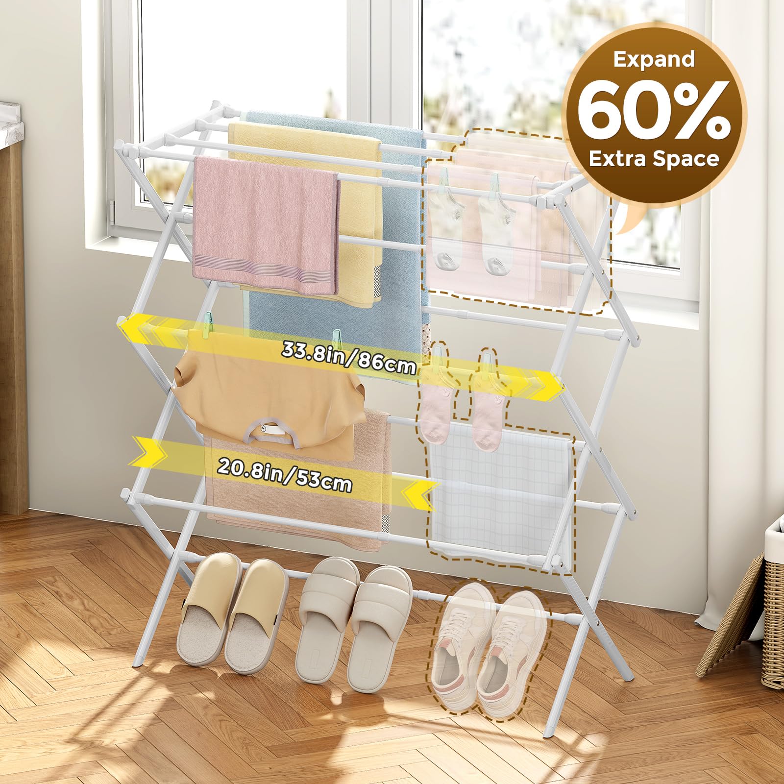 KINGBOARD Stendibiancheria pieghevole, con 11 aste, a 3 livelli, piccolo stendibiancheria pieghevole, per vestiti dei bambini, asciugamano per calzini, capacità 11,3 kg, bianco
