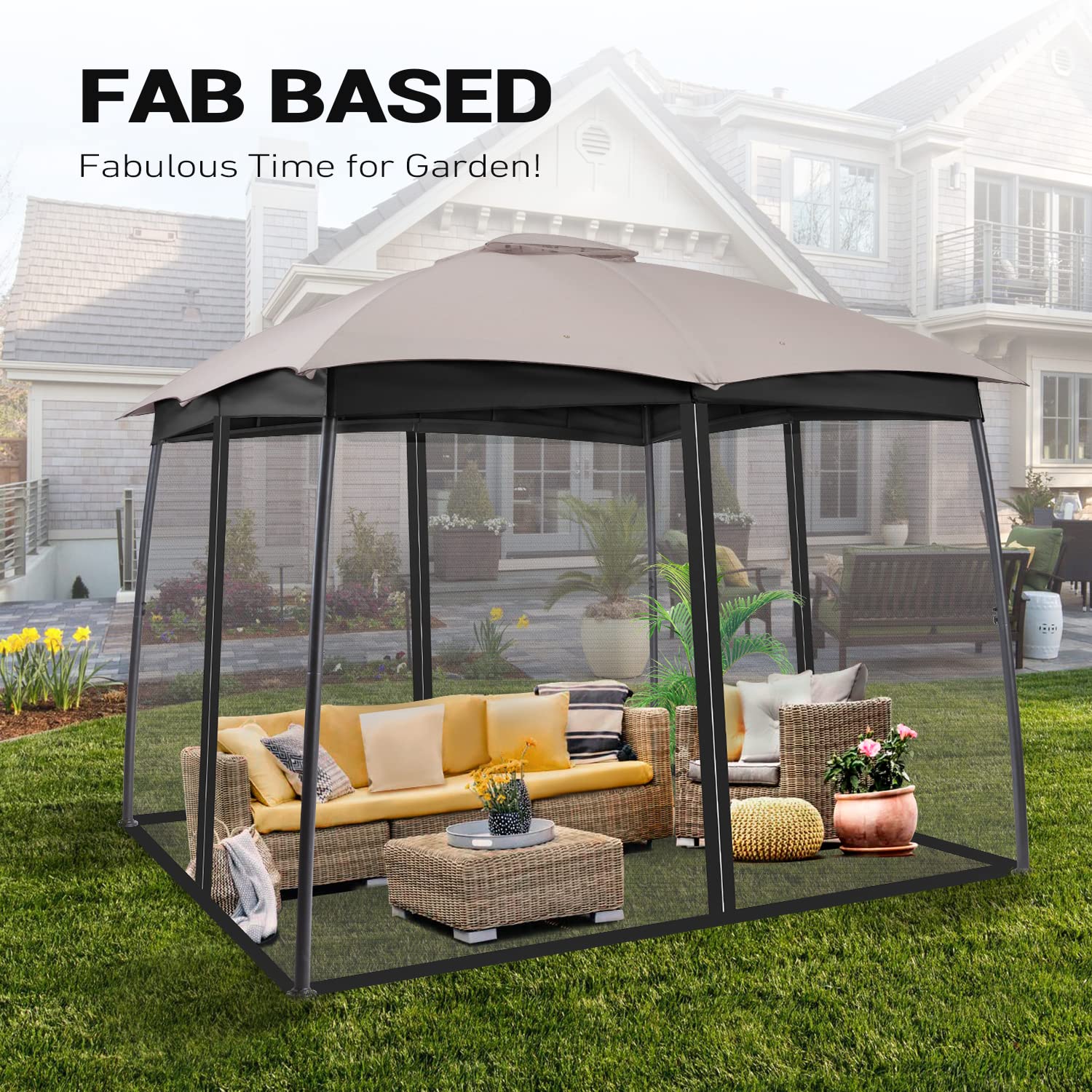 FAB BASED 10x12 Gazebo for Patio, Double Vent Canopy Gazebo with Netting Screen, Outdoor Heavy