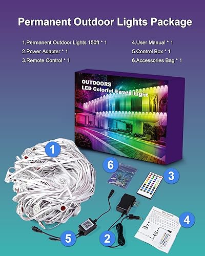 Miniatura 9 de XINKAITE Luces RGB permanentes para exteriores de 150 pies, luces LED inteligentes impermeables con aplicacióncontrol remoto