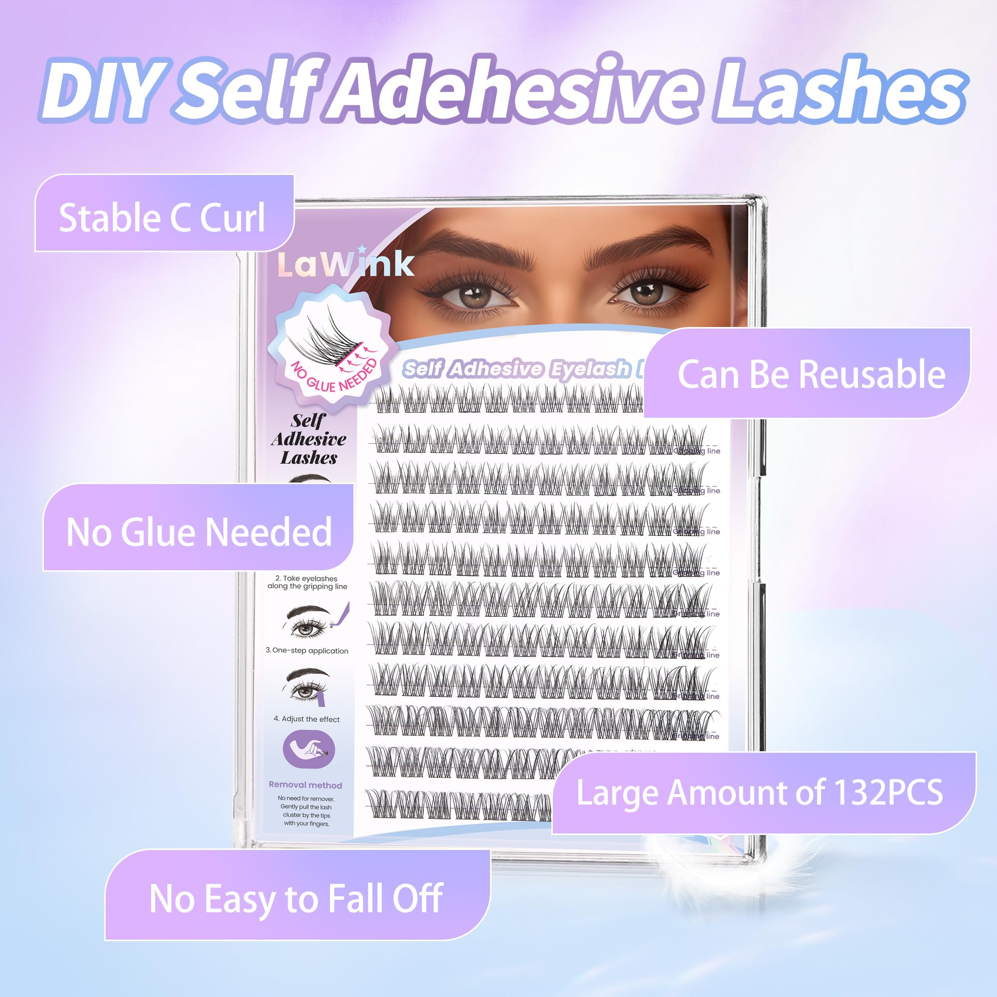 Self Adhesive Eyelashes Clusters Natural Lash Clusters No Glue Needed Lash Clusters 10-16mm 132pcs Natural look C curl Press On Lashes Pre Glued Eyelash Clusters Easy to Apply Beginner Friendly