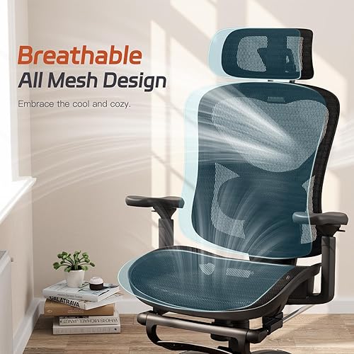 Miniatura 9 de Silla de oficina ergonómica, silla de escritorio de malla con reposapiés, soporte lumbar ajustable, reposabrazos 3D y reposacabezas grande