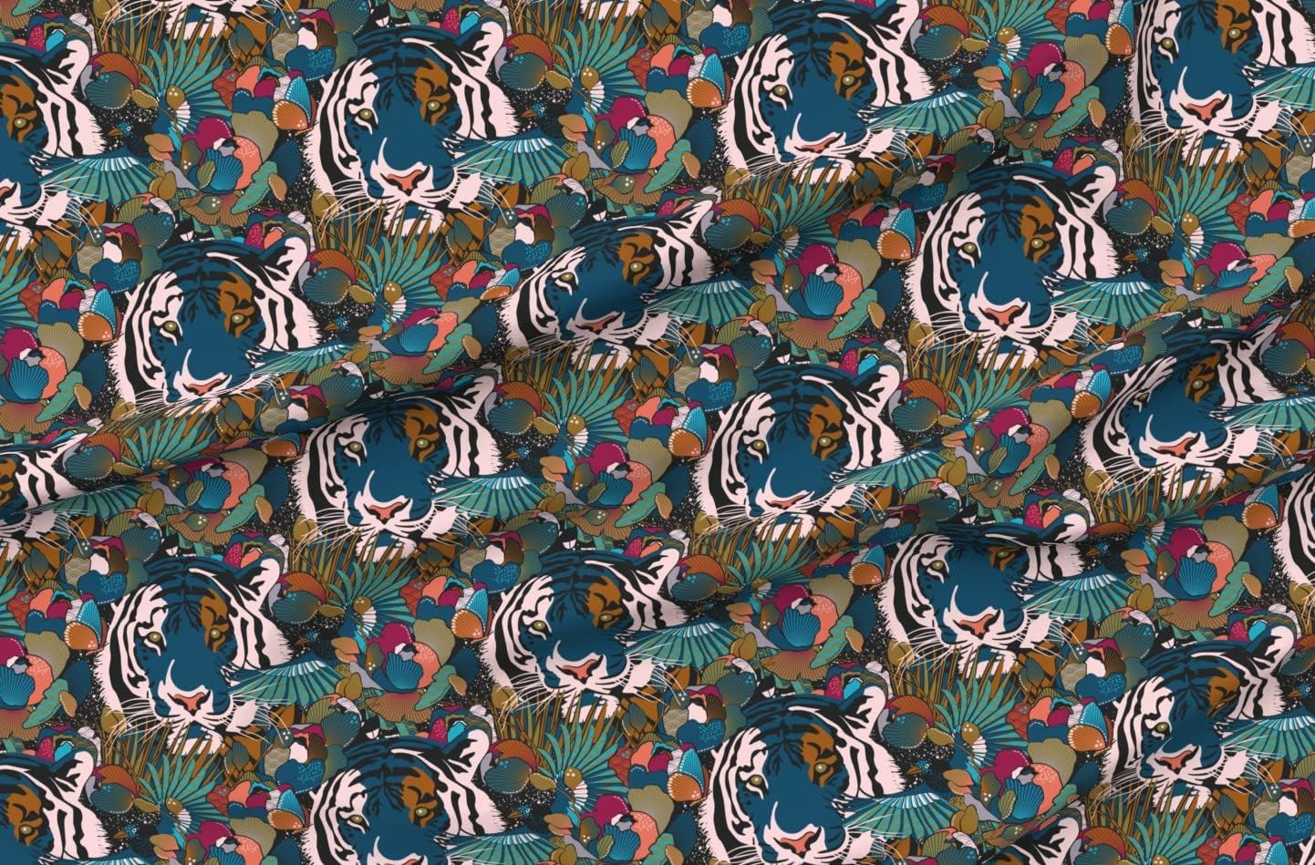 Spoonflower Fabric - Maximalist Tigers Exotic Animal Tropical Jungle Tiger Sashiko Moody Printed on Organic Cotton Sateen Fabric by The Yard - Sewing Quilting Apparel Home Decor