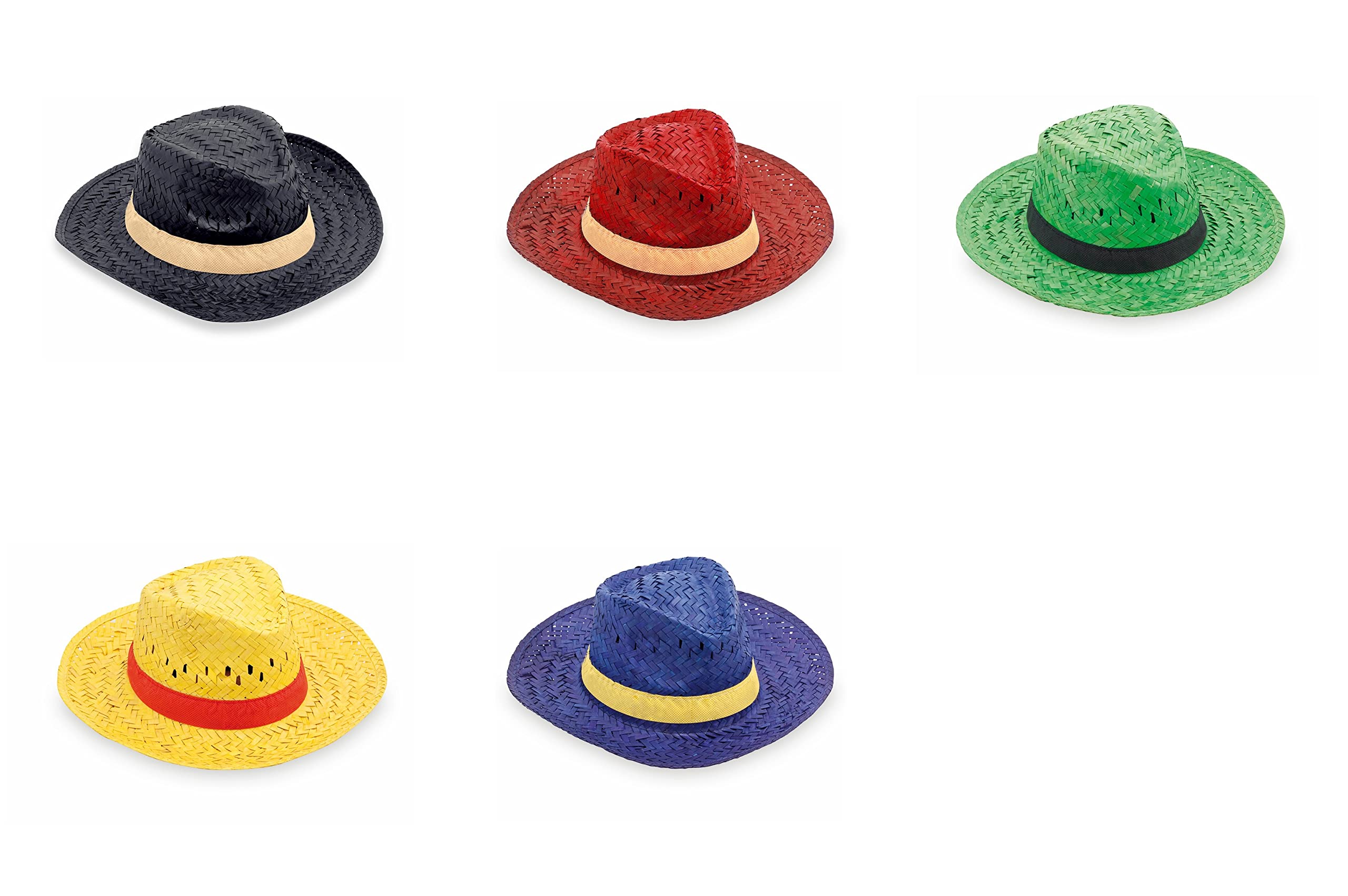 Handmade Pack de 10 Sombrero de paja personalizados - Sombrero de paja tintado en varios colores, con cinta personalizada, ideal para fiestas, eventos deportivos y culturales, romerías (Varios)