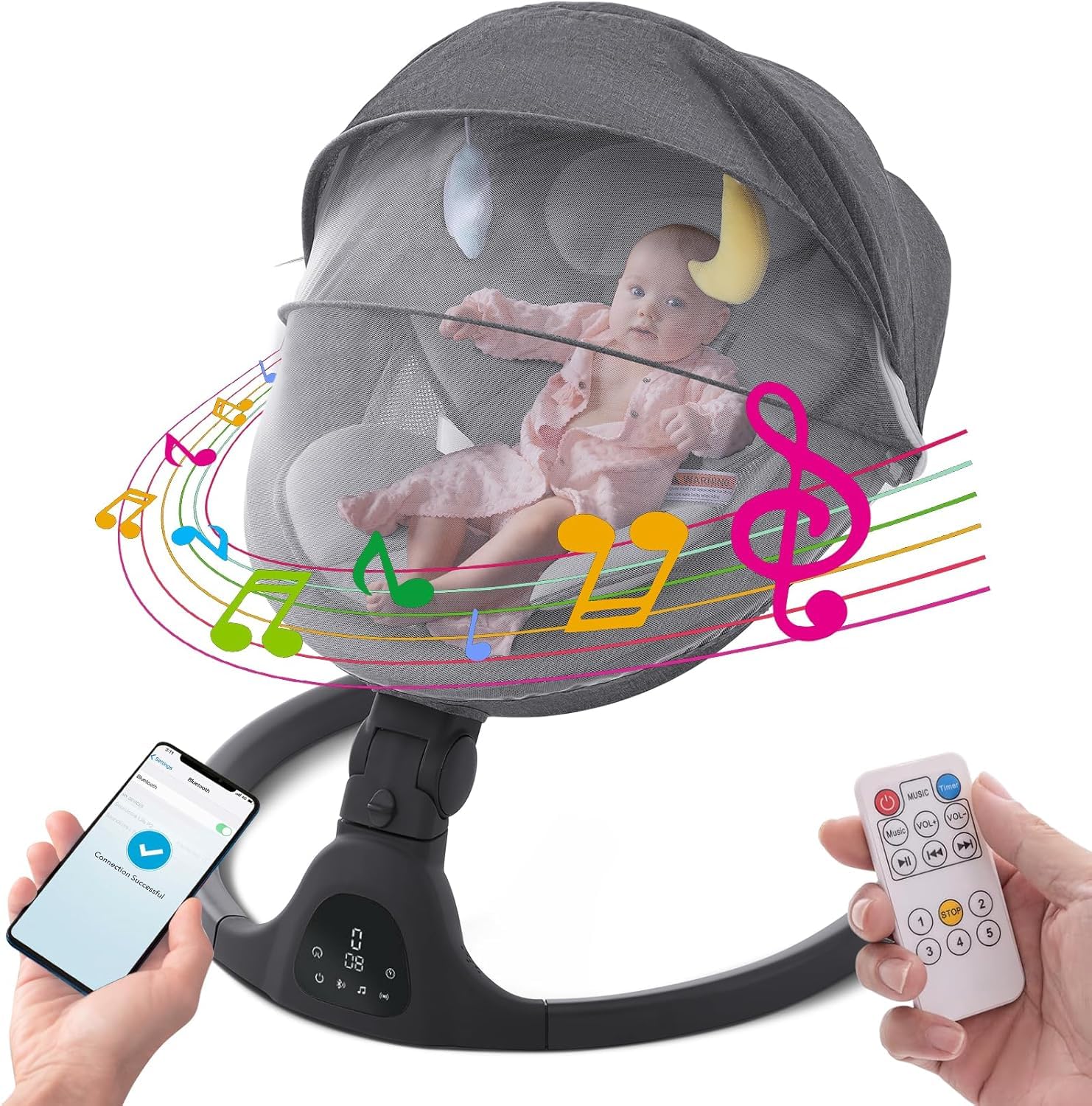 Baby Swing for Infants,Comfort Cradling Baby Rocker Portable Newborn Swing with Music/Remote Control/Timing Function,Black