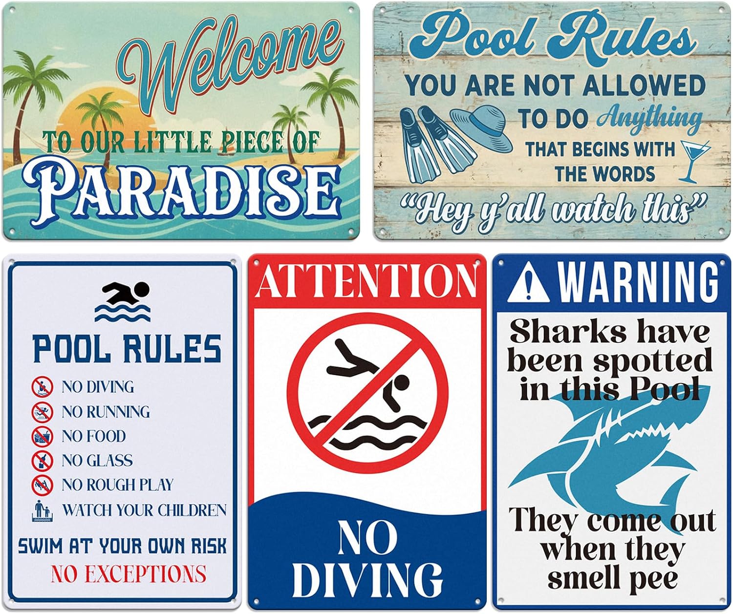 Hicarer 5 Pack Funny Pool Signs Metal Pool Rules Signs Outdoor Wall Decor for Poolside, Backyard Patio, Bar, Beach River House, Retro Summer Swimming Warning Decorations