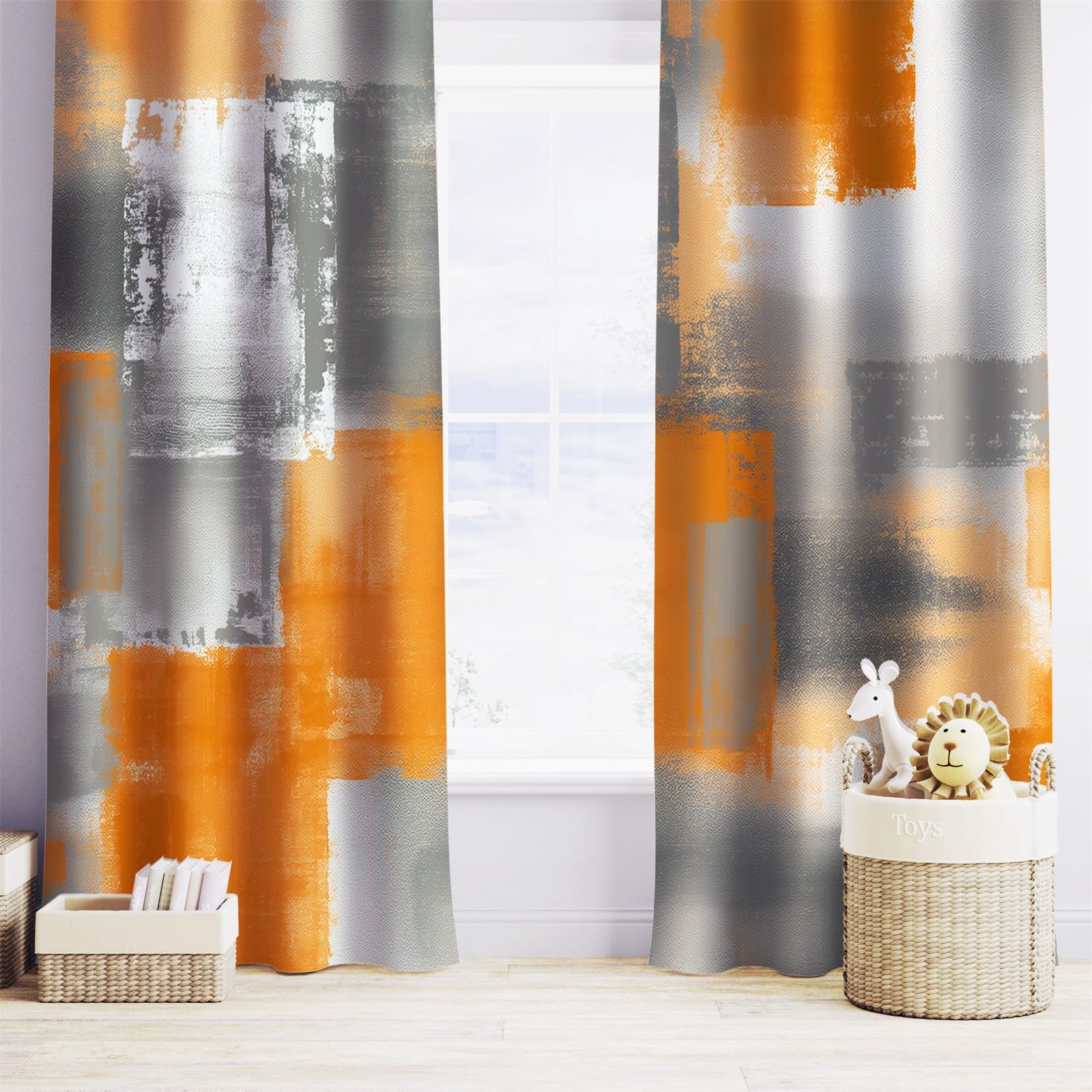 Verdunklungsvorhänge Gardinen mit Ösen Blickdichte Vorhänge Lärmschutzvorhang für Kinderzimmer Thermo Gardinen mit Farbblock Grau Orange Malerei Muster, 230 x 117 cm (HxB), Abstraktes Design 2er Set