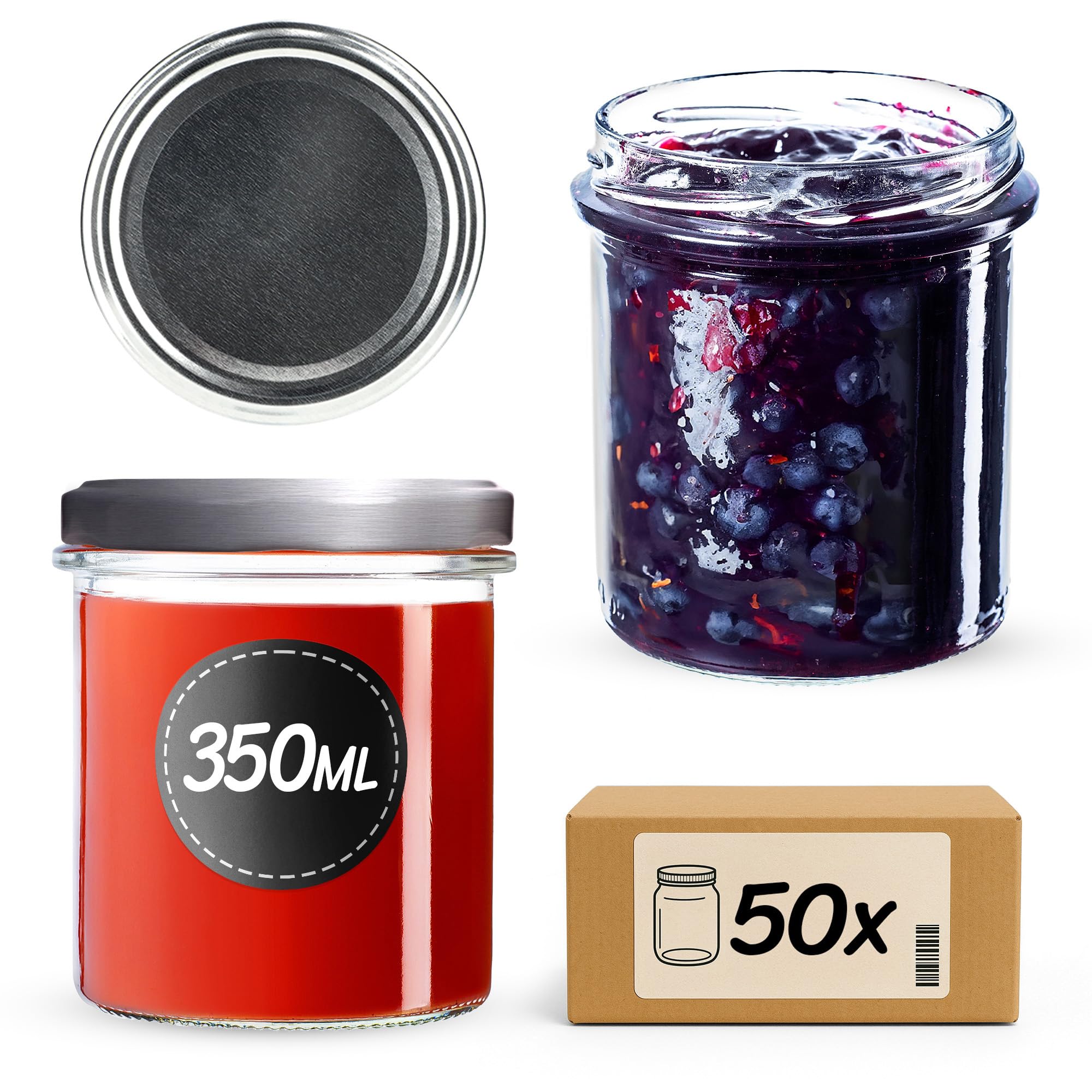 KADAX 50er Set Marmeladengläser 350ml TO82, Einmachgläser Vorratsgläser Mason Jar mit Schraubdeckel, Luftdichte Schraubgläser, Honig & Konfitüre