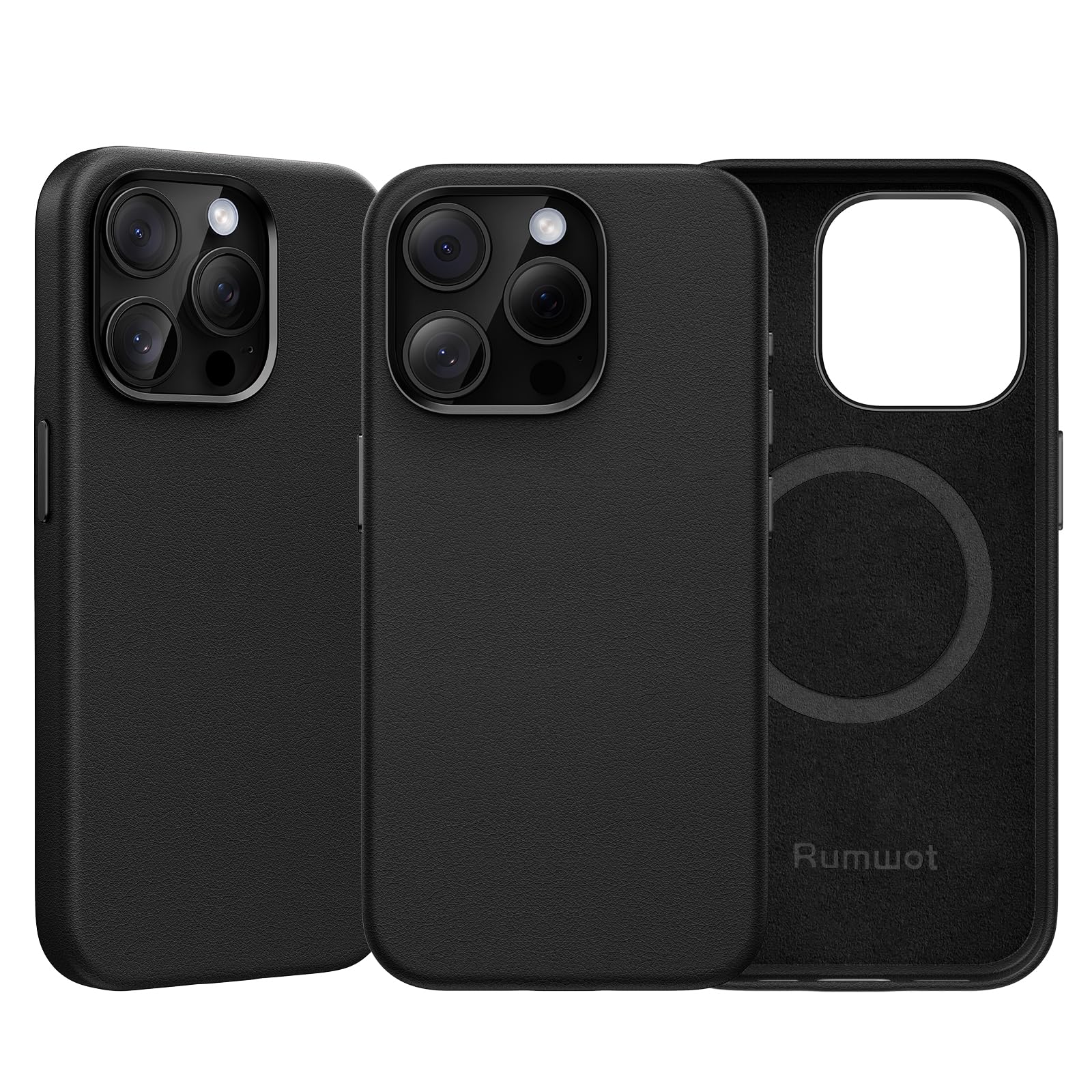Rumwot for iPhone 15 Pro Leather Case | Genuine Full Grain Leather| Compatible with MagSafe and Wireless Charging | Metal Buttons Camera Bezel | Slim Fit-Drop and Scratch Resistant(Black)