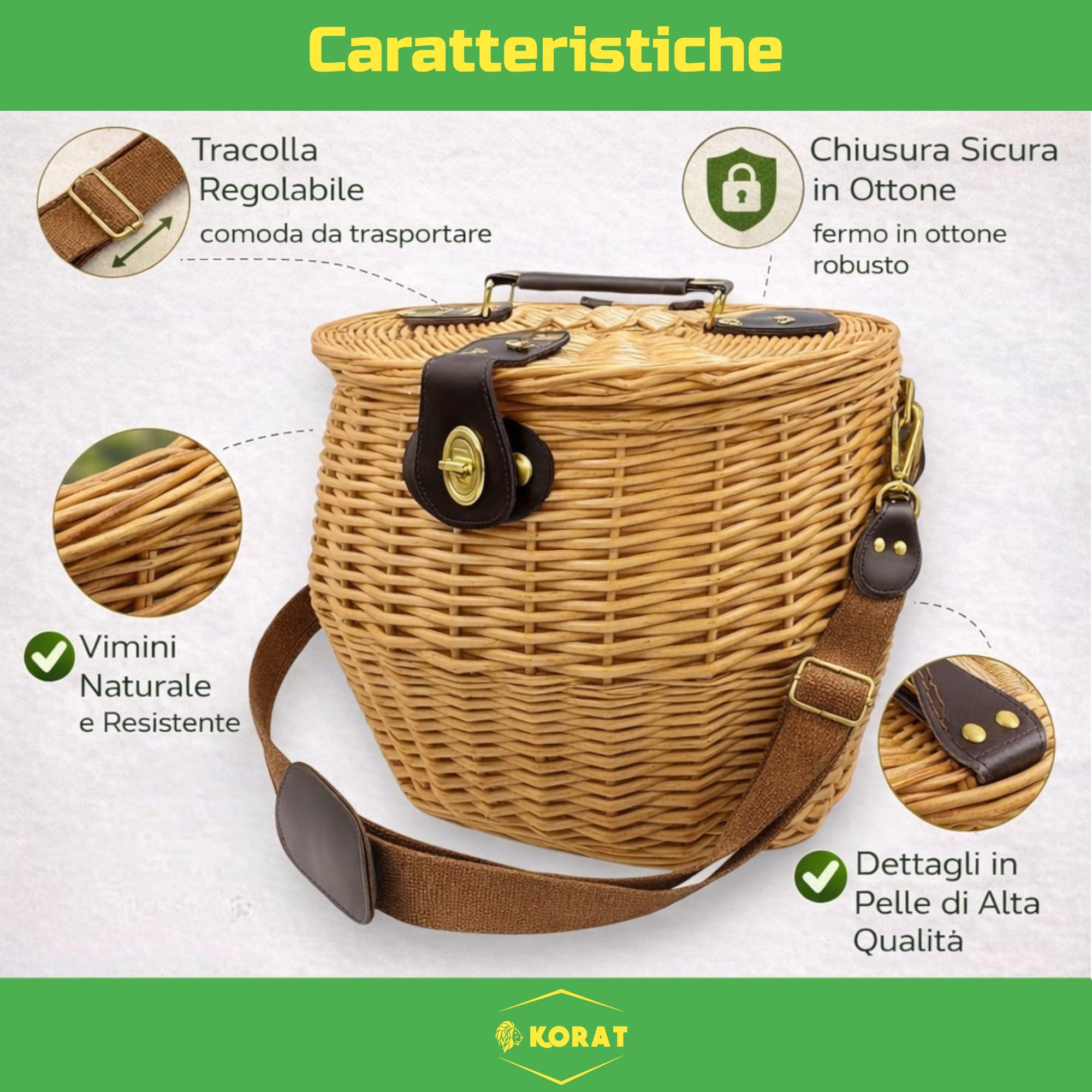 KORAT - Cestino in Vimini con Tracolla e Chiusura in Ottone, Cesto Raccolta Funghi 31x26x29 cm, Borsa Intrecciata Naturale con Maniglia, Robusto e Portatile per Outdoor e Picnic