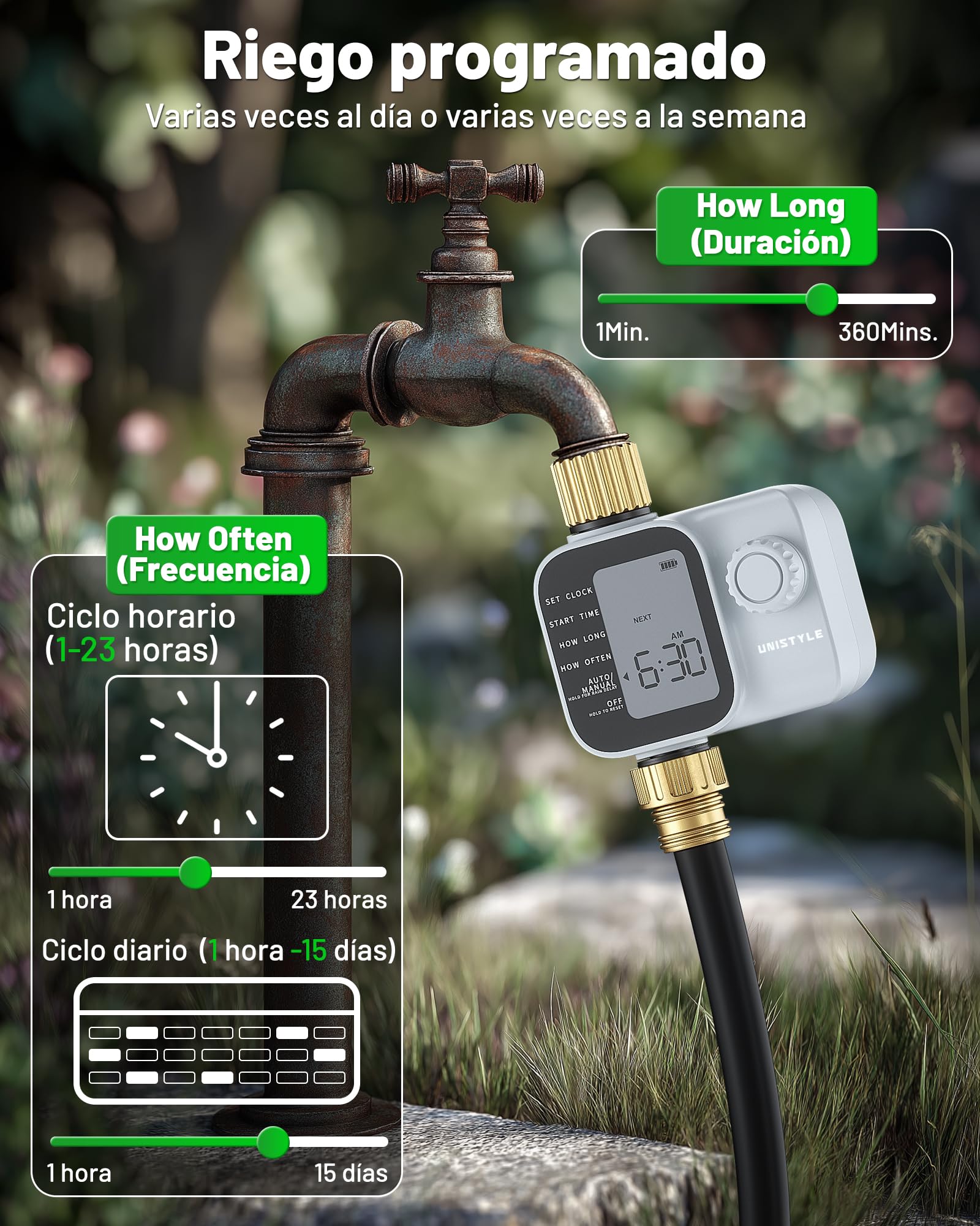 Programador de riego Unistyle | Nueva Edición 2026: Temporizador Riego Automático del Jardín, Manejo Sencillo e Intuitivo, Conexión de Latón de Alta Resistencia, Programas de Riego Flexibles