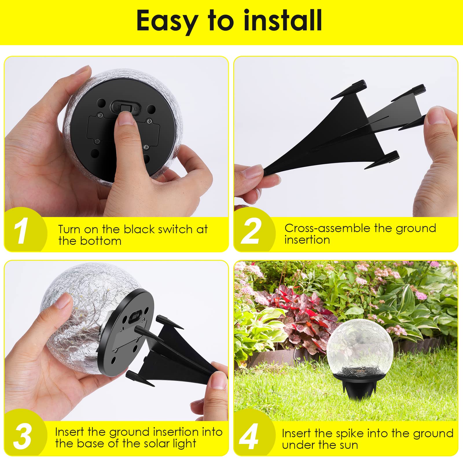 4-Pack Solar Garden Lights - 120 LED Warm White Cracked Glass Outdoor Decor Balls