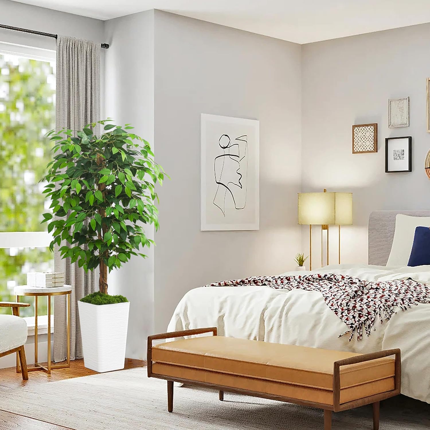 Artificial Ficus Tree 5FT Faux Floor Tree with Planter UV Resistant Potted Fake Silk Plant - Faux Trees Indoor Outdoor Lifelike Fake Ficus Tree for Home, Living Room Bedroom Topiary Tree - Image 8