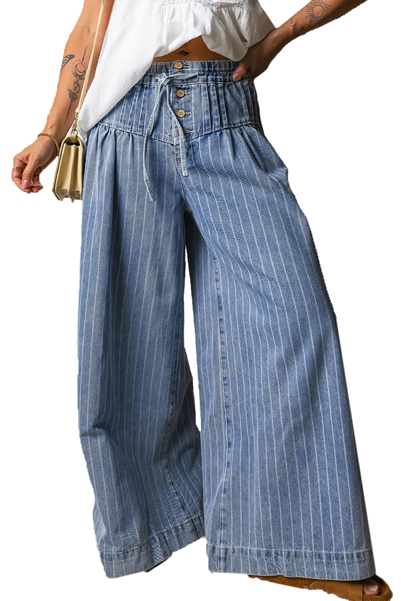Jeans A Vita Alta A Campana da Donna con Fascia Elastica in Vita vestibilità Larga Stampa A Righe Pantaloni Denim A Gamba Larga