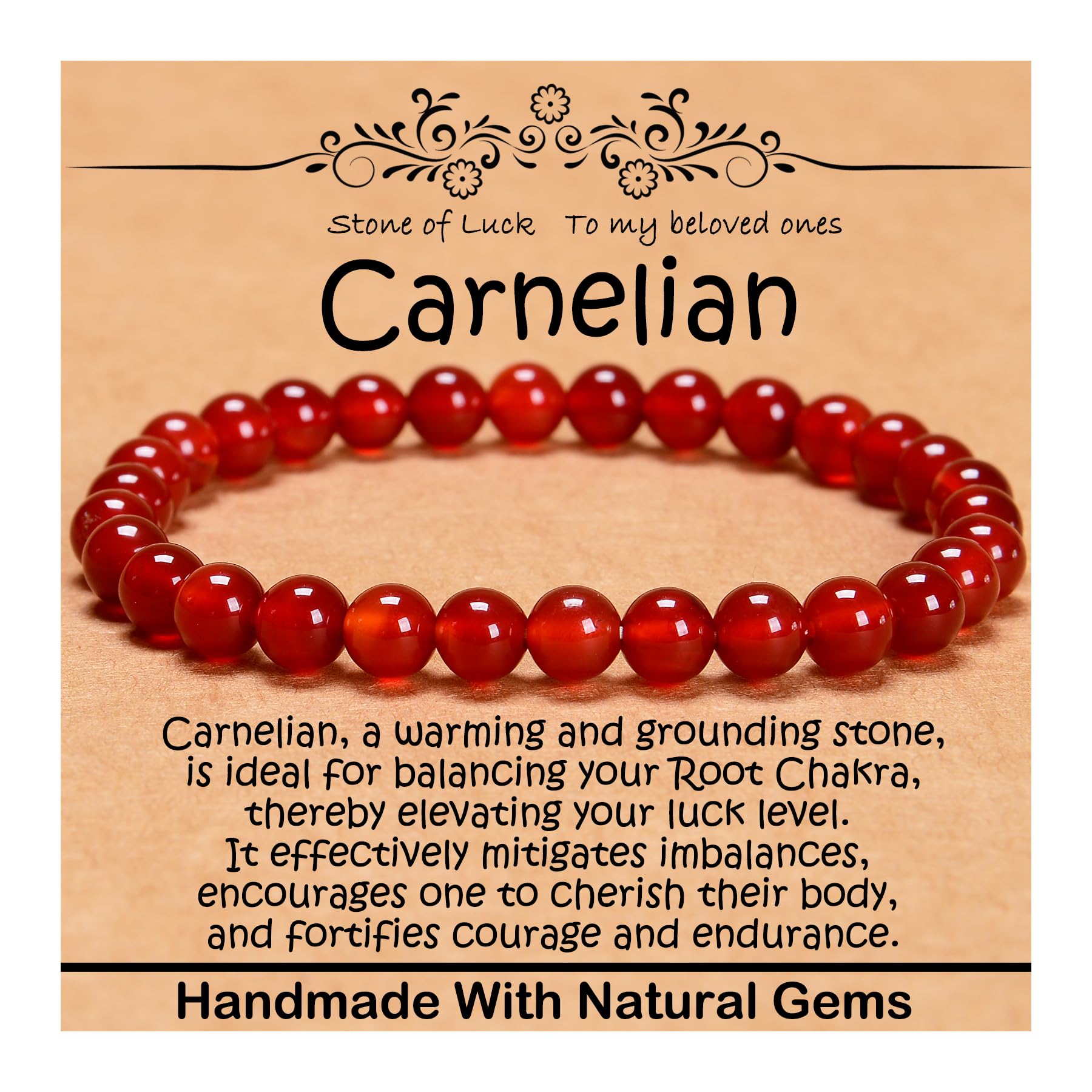 6mm Natural Healing Gemstone Bracelet Handmade Yoga Stretch Elastic Bracelet Stress Relief Crystal Jewelry for Men and Women (6mm, Carnelian)