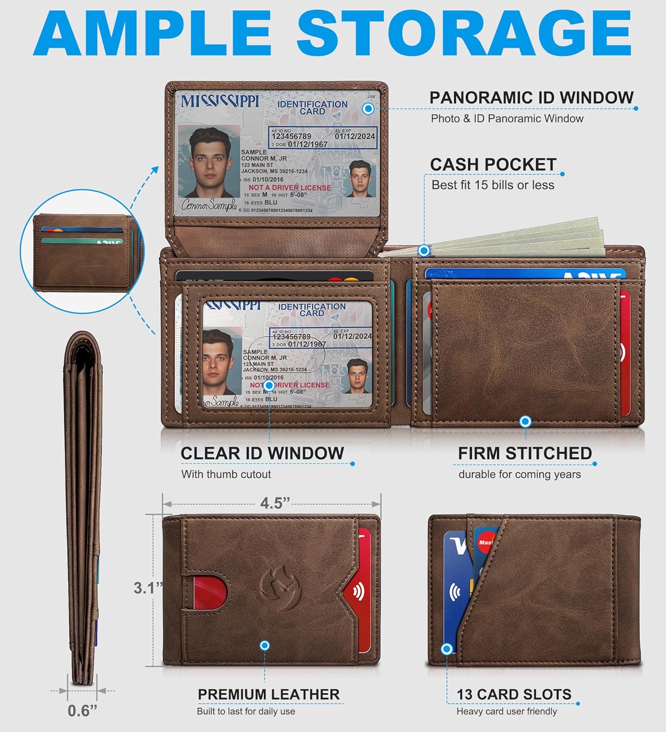 Wallet for Men Wallet with Cash Pocket 2 ID Window 13 Cards,Slim Leather Wallet Front Pocket Card Holder RFID Blocking with Gift Box - Image 2