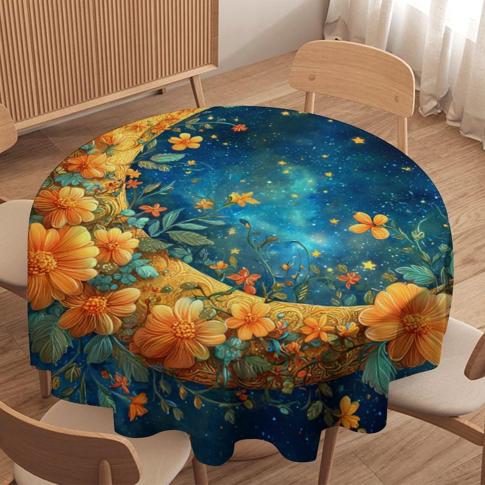 LUYYSKY Fantasy Abstract Moon Waterproof Round Tablecloth Romantic Colorful Starry Sky Galaxy Plant Flowers Print Washable Table Cover for Kitchen-91.4" Wx91.4 L cm