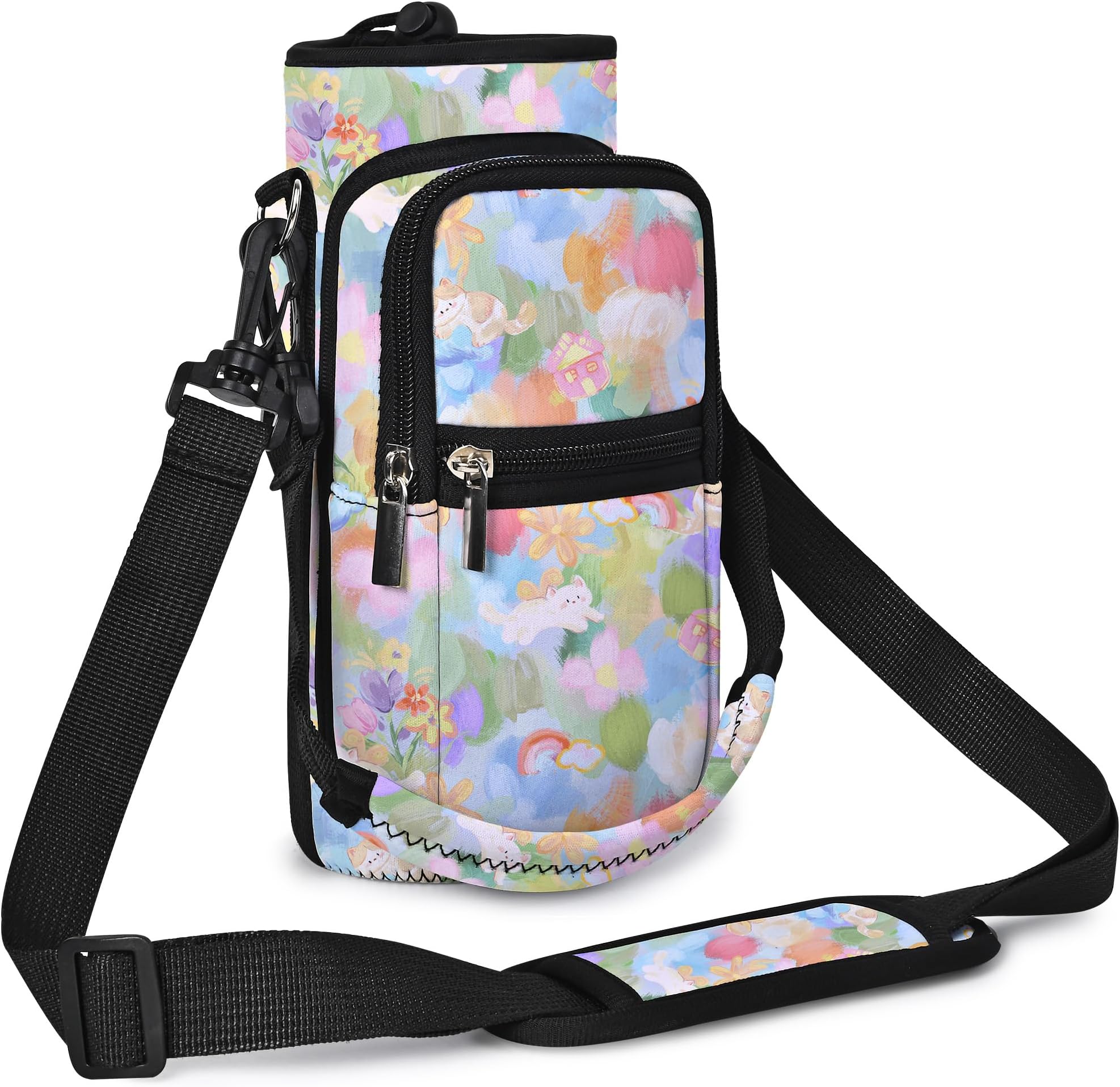 AUPET Water Bottle Sling Bag Sleeve Holder Carrier 25/32/40/64 oz,Insulated Crossbody Water Bottle Case Cover with Strap and Pockets for Men/Women Walking Hiking (Colorful Flower Cat, 25oz)