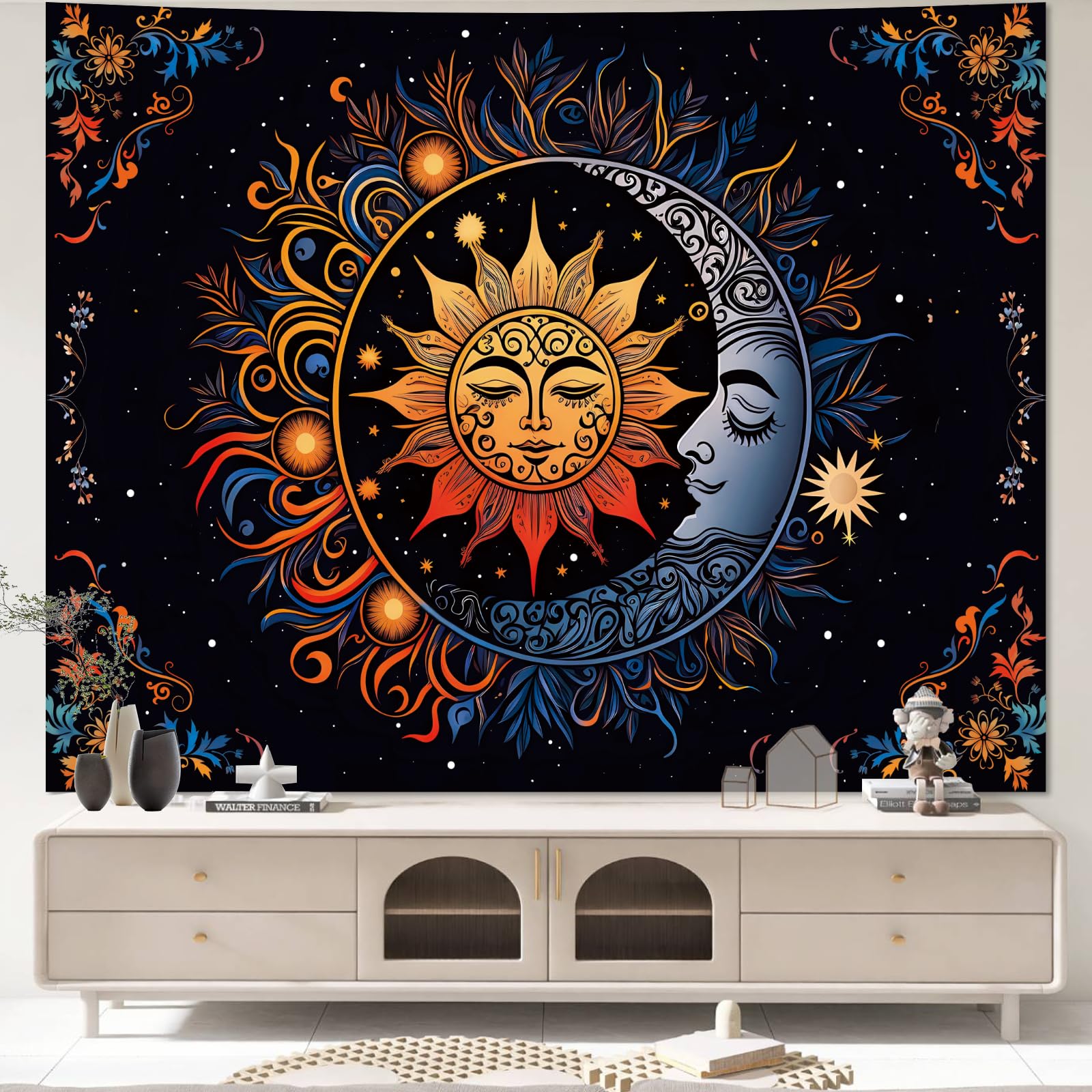 Extra Large Hippie Tapestry Wall Hanging for Bedroom Aesthetic, Sun and Moon Boho Bohemian Tapestries, Colorful Vintage Mandala Outdoor Floral