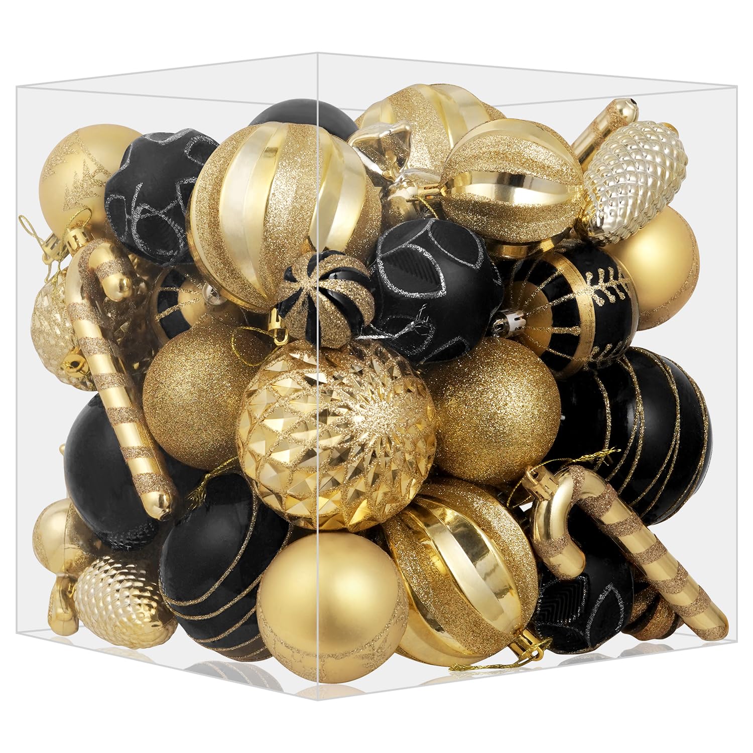 Miaikoe Set di decorazioni per albero di Natale, 63 pezzi, in plastica, antidistruttive, per feste di Natale, inverno, decorazioni per feste (nero e oro)