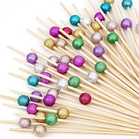 Elyum Cocktail Picks 100 PCS Toothpicks for Appetizers Bamboo Cocktail Skewers for Appetizers with Acrylic Frosted Beads Food Picks for Party, Wedding, Dessert, Fruit (Multicolor, 4.7 Inch)