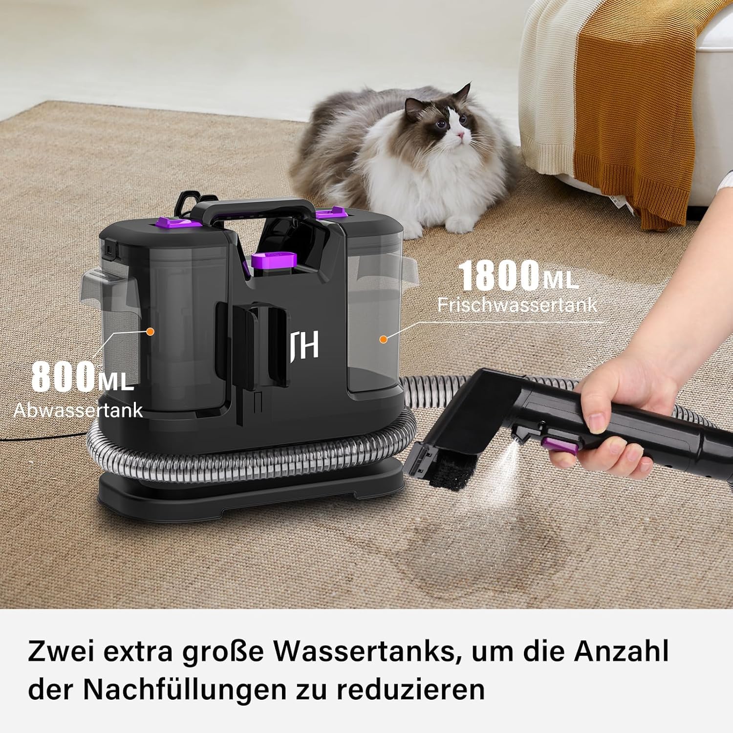 Limpiador de alfombras y tapicería, dispositivo con cepillo para pelo de animales y herramienta de limpieza de mangueras para sofá, coche y escaleras
