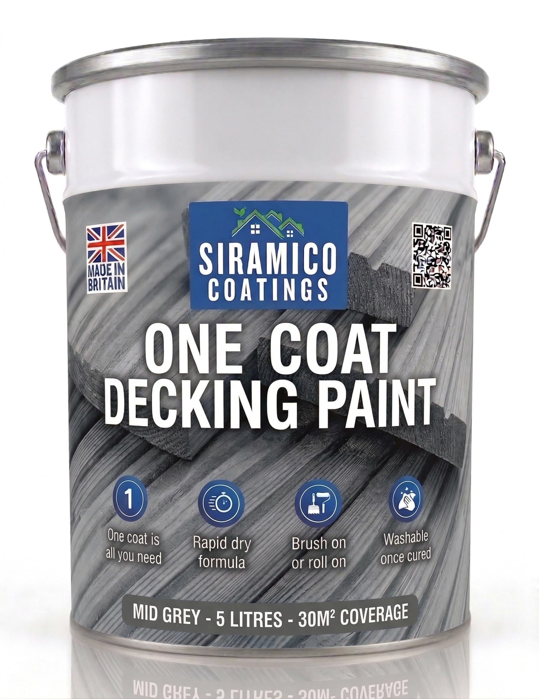 SIRAMICO COATINGS One Coat Anti-Slip Decking Paint | 5 Litres | 7 Luxury Colours I Mould & UV Resistant Formula | White - Grey - Sage Green - Black - Brick Red (Mid Grey) — image 1