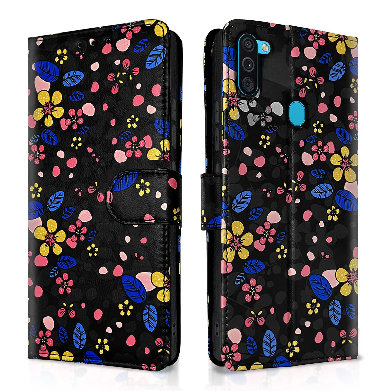 Pikkme Samsung Galaxy M11 Flip Cover for Girls Leather Finish Inside TPU with Card Pockets Wallet Stand and Shock Proof | Complete Protection Flip Case (Black Flower) (B0C4TZQ8YC) Amazon Price History, Amazon Price Tracker