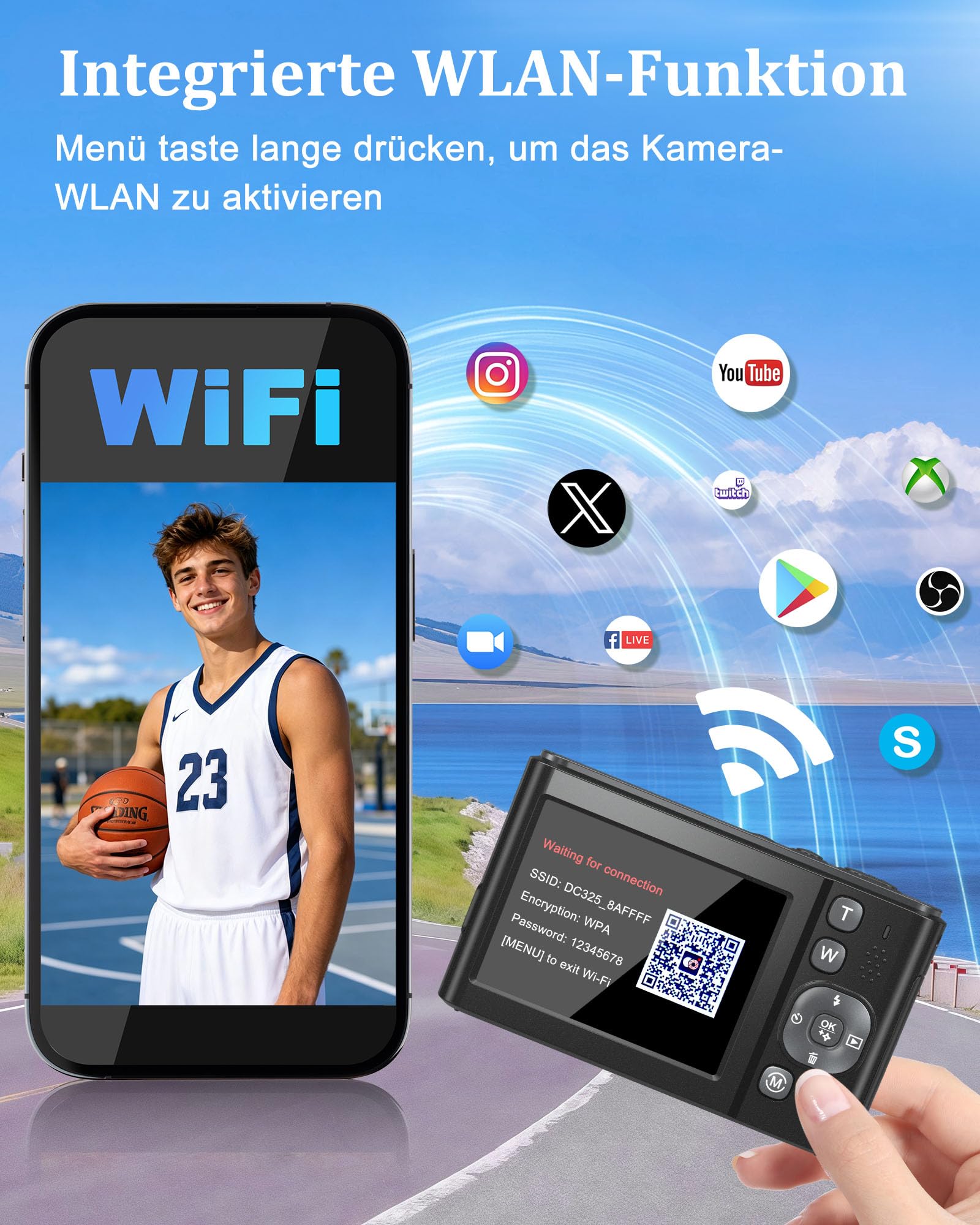 2026 Neueste Digitalkamera 8K 96MP Vlogging Kamera mit WLAN, Dual-Display Autofokus Bildstabilisator Kompaktkamera für Einsteiger, Digitale Kamera mit 32GB SD Karte und 2 Akkus