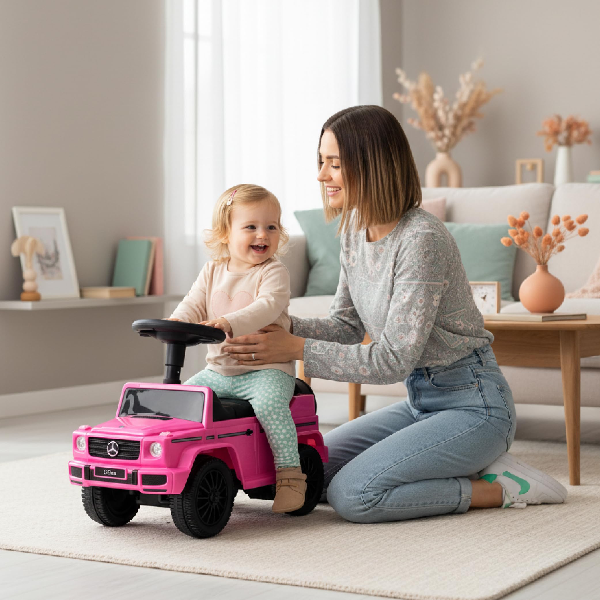 sun baby Coche de Empuje Mercedes Benz G, Coche para Niños a Partir de 1 año, Volante con Sonido, guantera, Rueda de Repuesto Falsa (Rosa)