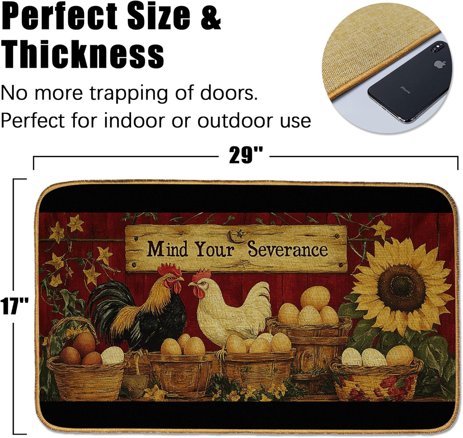 Doormat Rooster Sunflower Front Door Mat Indoor Outdoor Entrance,Retro Chicken Eggs Door Mat Waterproof Low Profile All-Season,Easy Clean Patio Porch Entryway Floor Rug 17x29 Inch