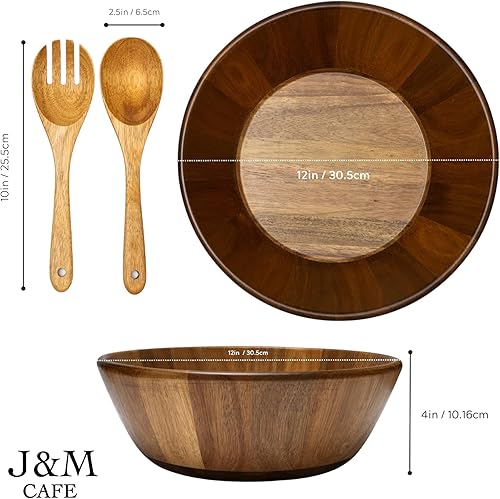 Miniatura 2 de J&M Cafe Juego de cuencos grandes de madera de acacia con dos herramientas de bambú para servir, cuenco de madera para servir, ensaladera con