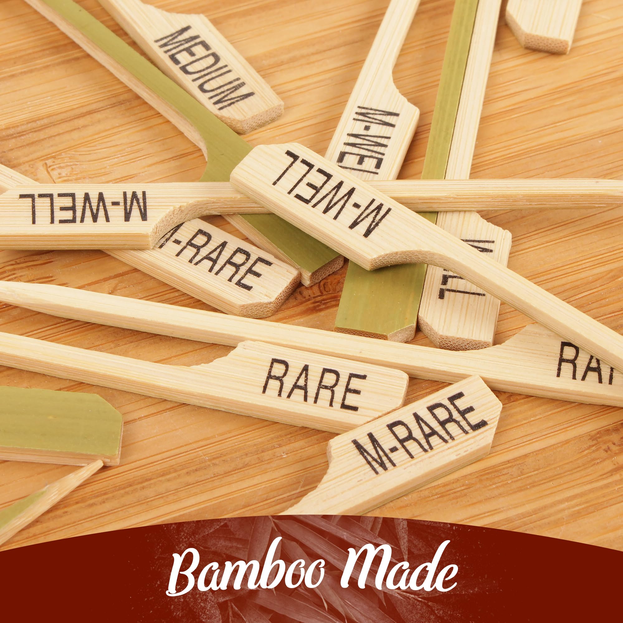 BambooMN 3.5" (9cm) Assorted Steak Doneness Marking Bamboo Paddle Picks - 300 pcs, Natural - Assorted, 3.5" - Assorted - Image 4