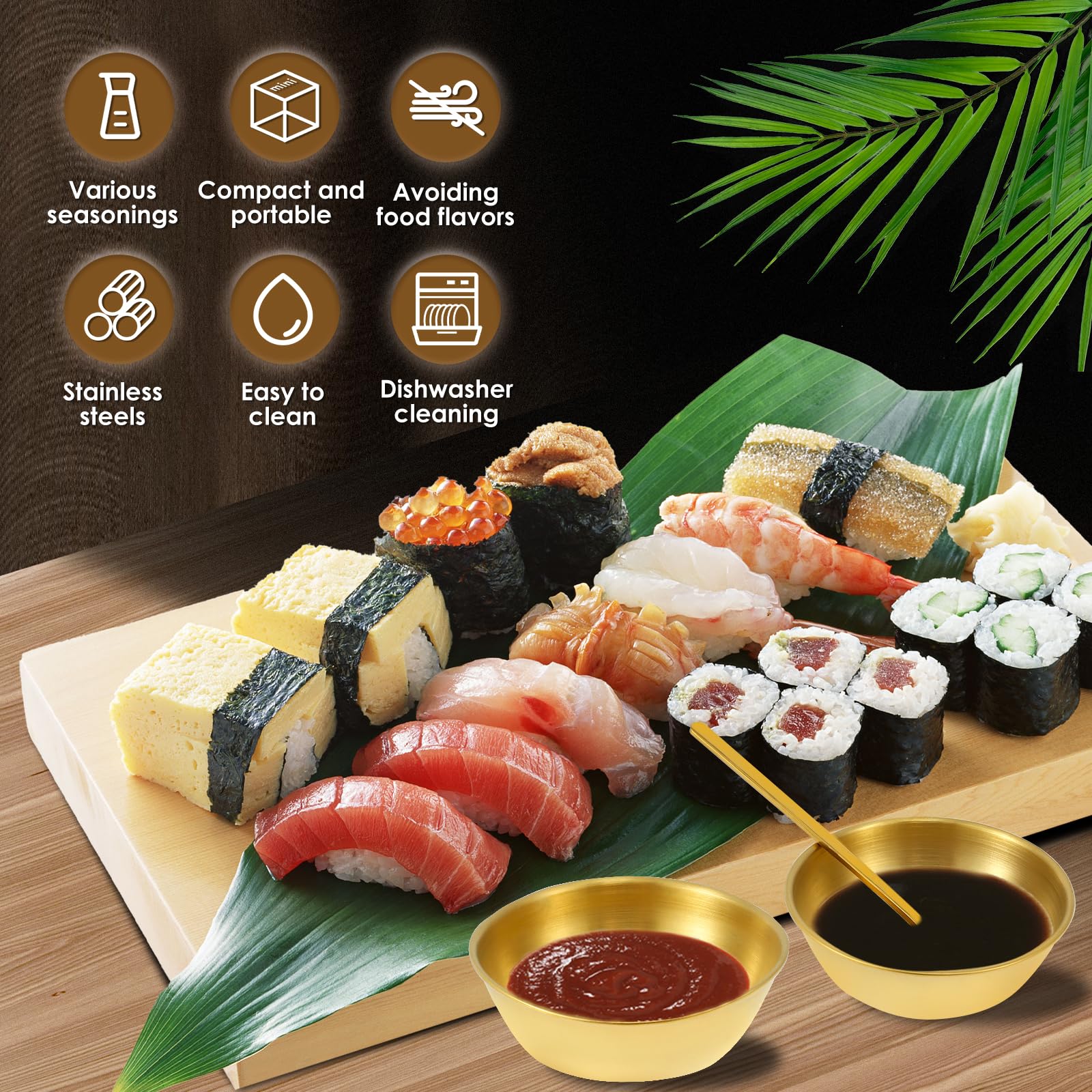 MABCIRY Dipping Bowls Set of 6, Stainless Steel Dip Bowls, Rustproof Bowls Set with 6 Spoons, Practical Condiment Cups, Stainless Steel Sauce Cup, Gold Saucer Plates Saucers Bowl for Home Kitchen