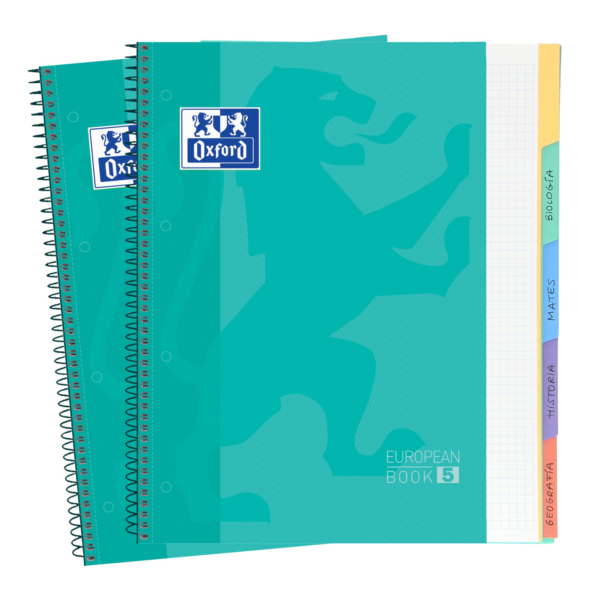 Oxford, Cuadernos A4, Cuadrícula 5x5, Pack de 2 unidades, Microperforados, Tapas Extraduras, 100 Hojas, Color Ice Mint, 5 Pestañas