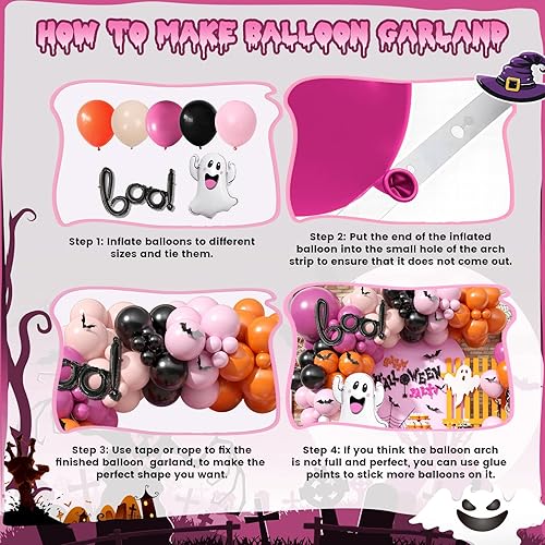 Miniatura 6 de Guirnalda de arco de globos de Halloween, decoraciones de fiesta de Halloween rosa con bonitos globos de aluminio de fantasma, globos retro de látex