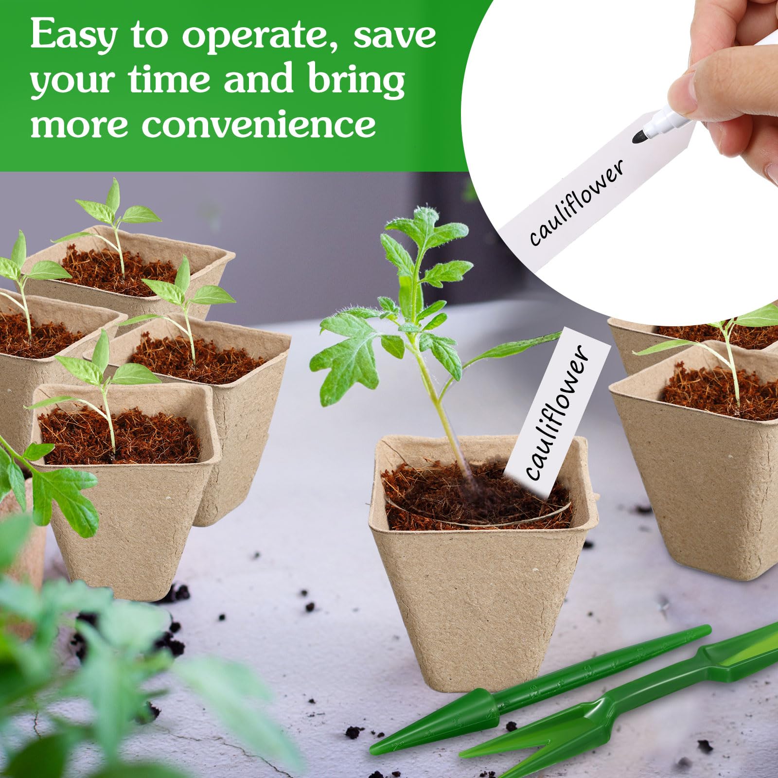 Layhit Lot de 1 000 pots de tourbe de 7,9 cm, kit de démarrage de semis, pots de semis avec 1 000 étiquettes pour plantes, 10 outils de transplantation (carrés)