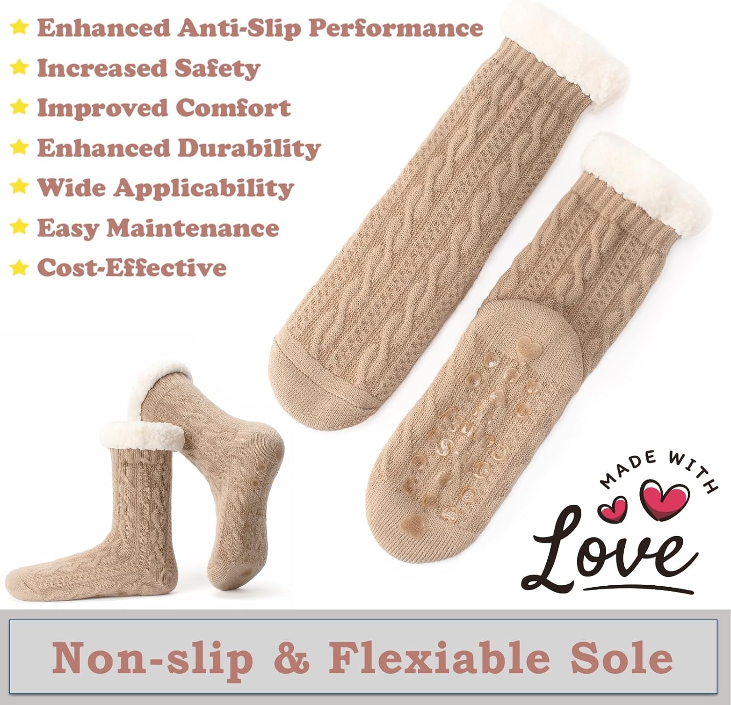 Women's Knit Slipper Socks with Non-slip Grippers, Warm Fuzzy Fluffy Sherpa Lined, Cozy Christmas Gifts - Image 4