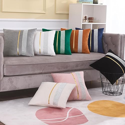 Miniatura 6 de Fundas de almohada de terciopelo gris de 16 x 16 pulgadas, paquete de 2 con diamantes brillantes a rayas doradas de cuero dorado, fundas de almohada