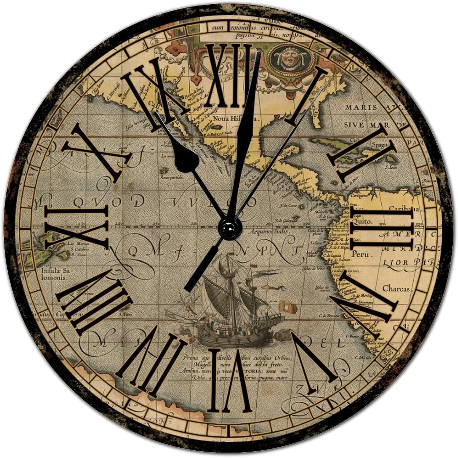Rustic Style Round Wood Wall Clocks Retro World Map Roman Numerals Woodn Clock Battery Operated Silent Non-Ticking Wall Clocks for Cottage Living Room Bedroom Office 15x15in Decorations