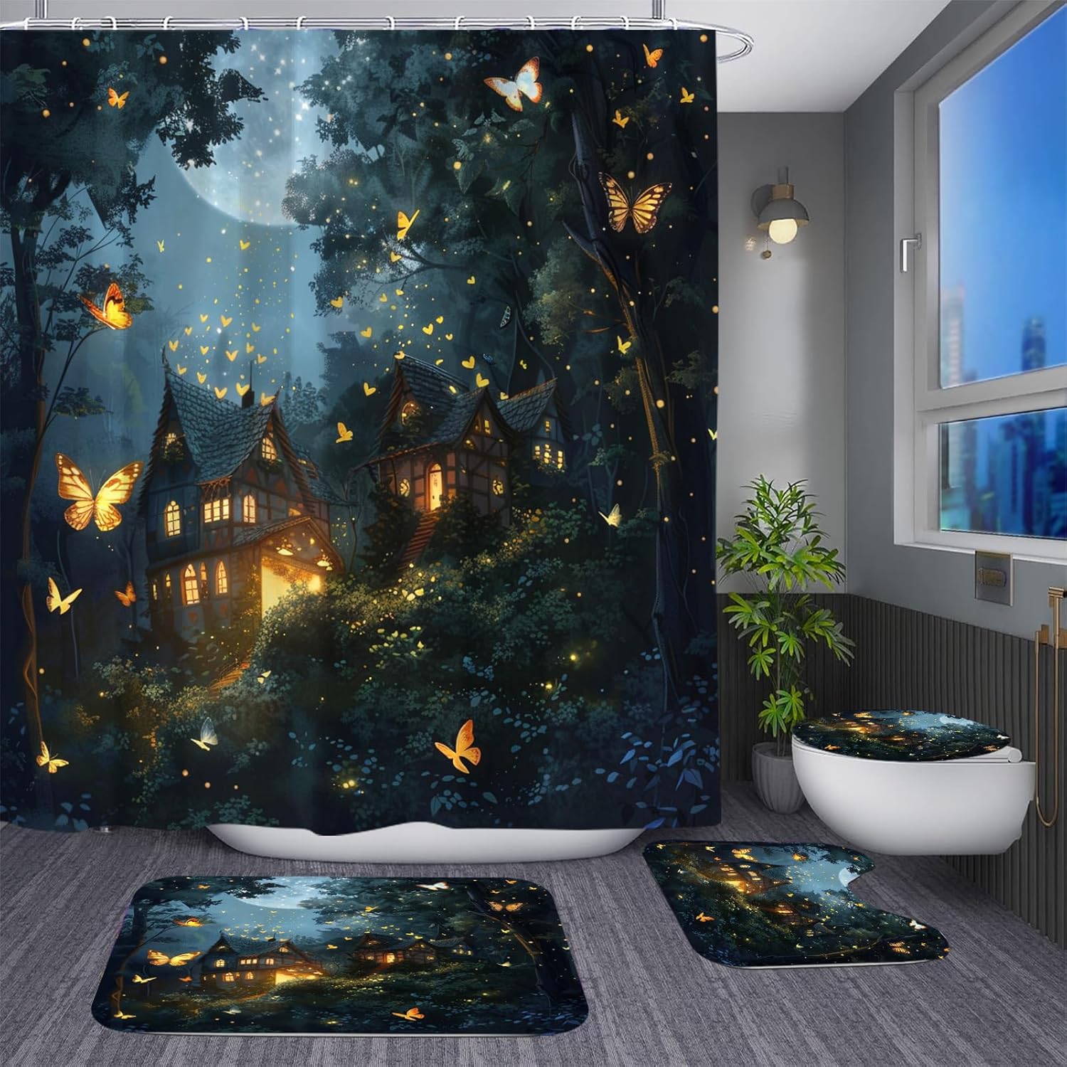 Night Dense Forest Shower Curtain Quaint House Bathroom Decor Tall Dark Trees Greenery Bathroom Set Full Moon Butterflies Shower Curtain Set with Toilet Lid Cover and Non-Slip Rugs for Bathroom