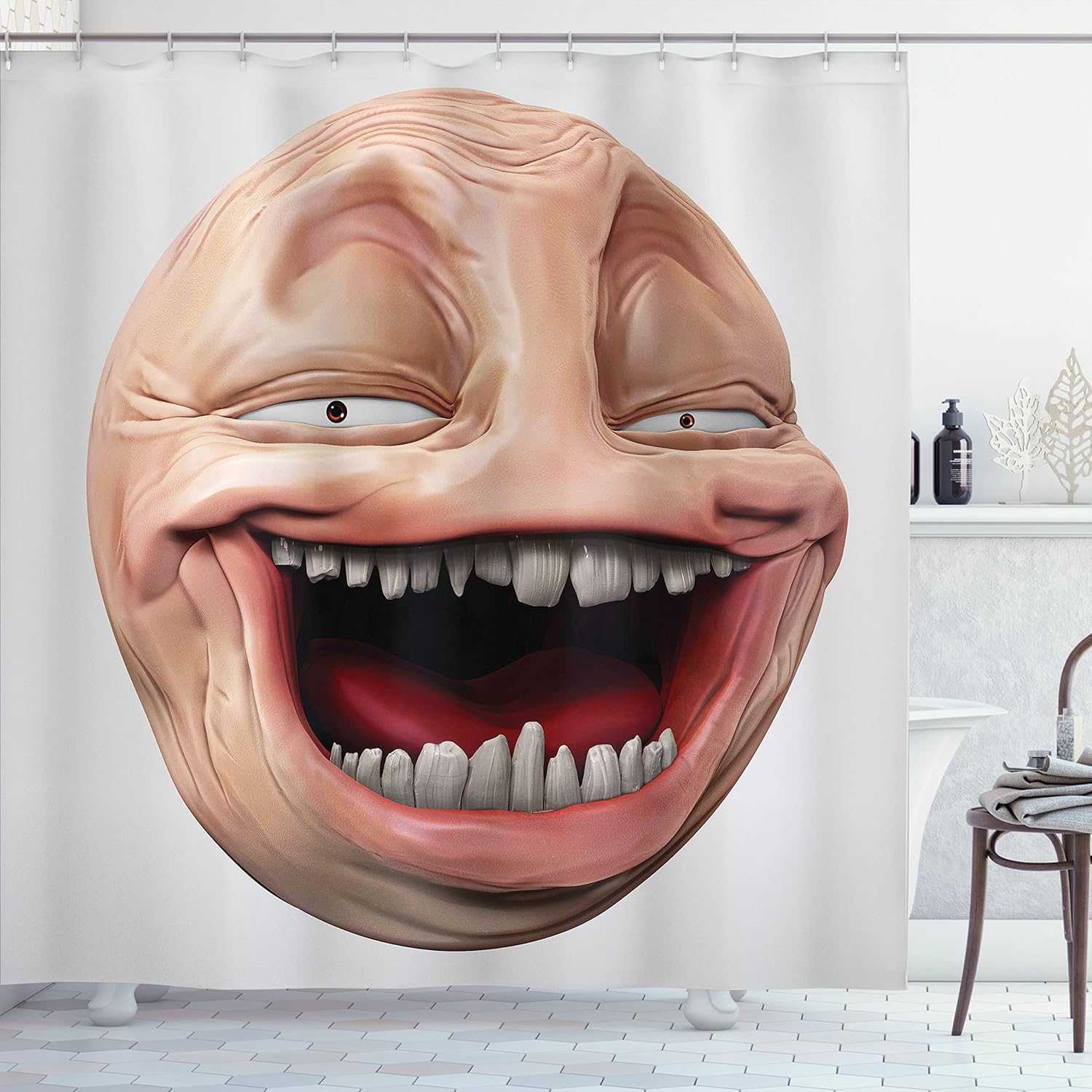Ambesonne Humor Shower Curtain, Poker Face Guy Meme Laughing Mock Person Smug Stupid Odd Post Forum Graphic, Cloth Fabric Bathroom Decor Set with Hooks, 69" W x 75" L, Pearl Peach