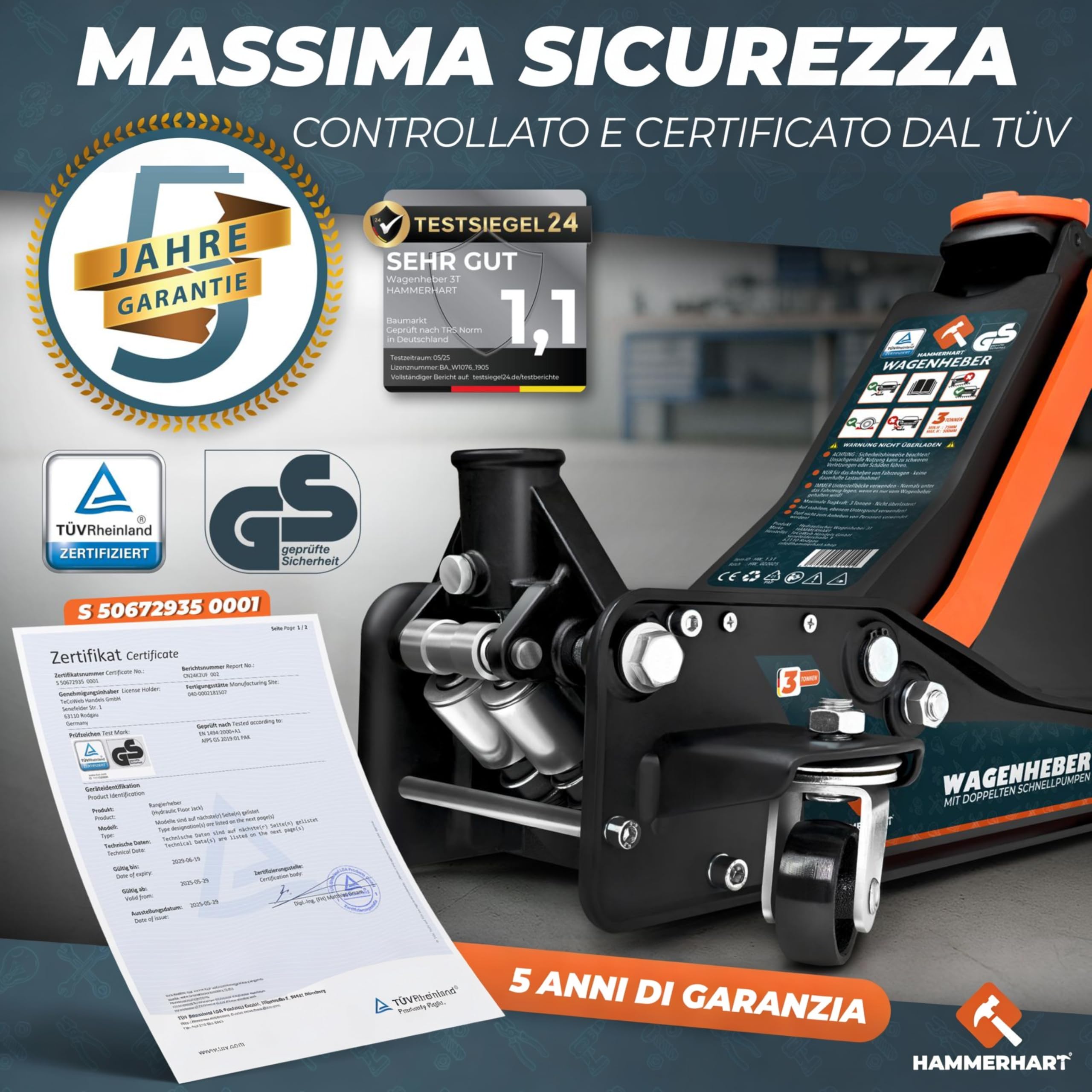 Cric per auto 3T | Sollevatore auto certificato TÜV con altezza di sollevamento di 75-505 mm | Cric idraulico premium con ruote a 360° e doppio pistone | Cric auto supporto in gomma e impugnatura a T