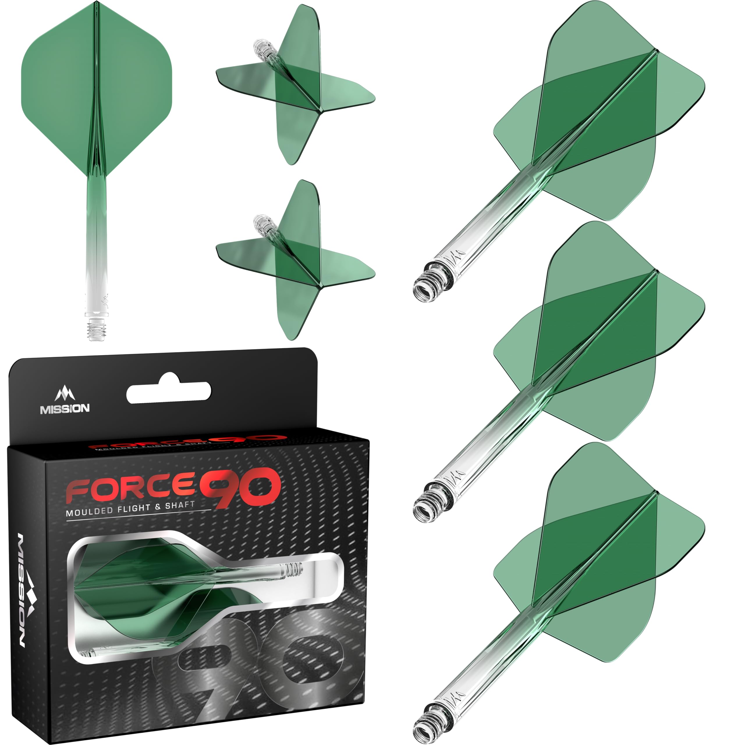 Mission Darts Force 90 | Integrated Precision Moulded Dart Flight and Shaft System, Pack of 3 Professional Highly Durable Combined Dart Flights and Stems | Standard No.2 (Green Gradient, Short).