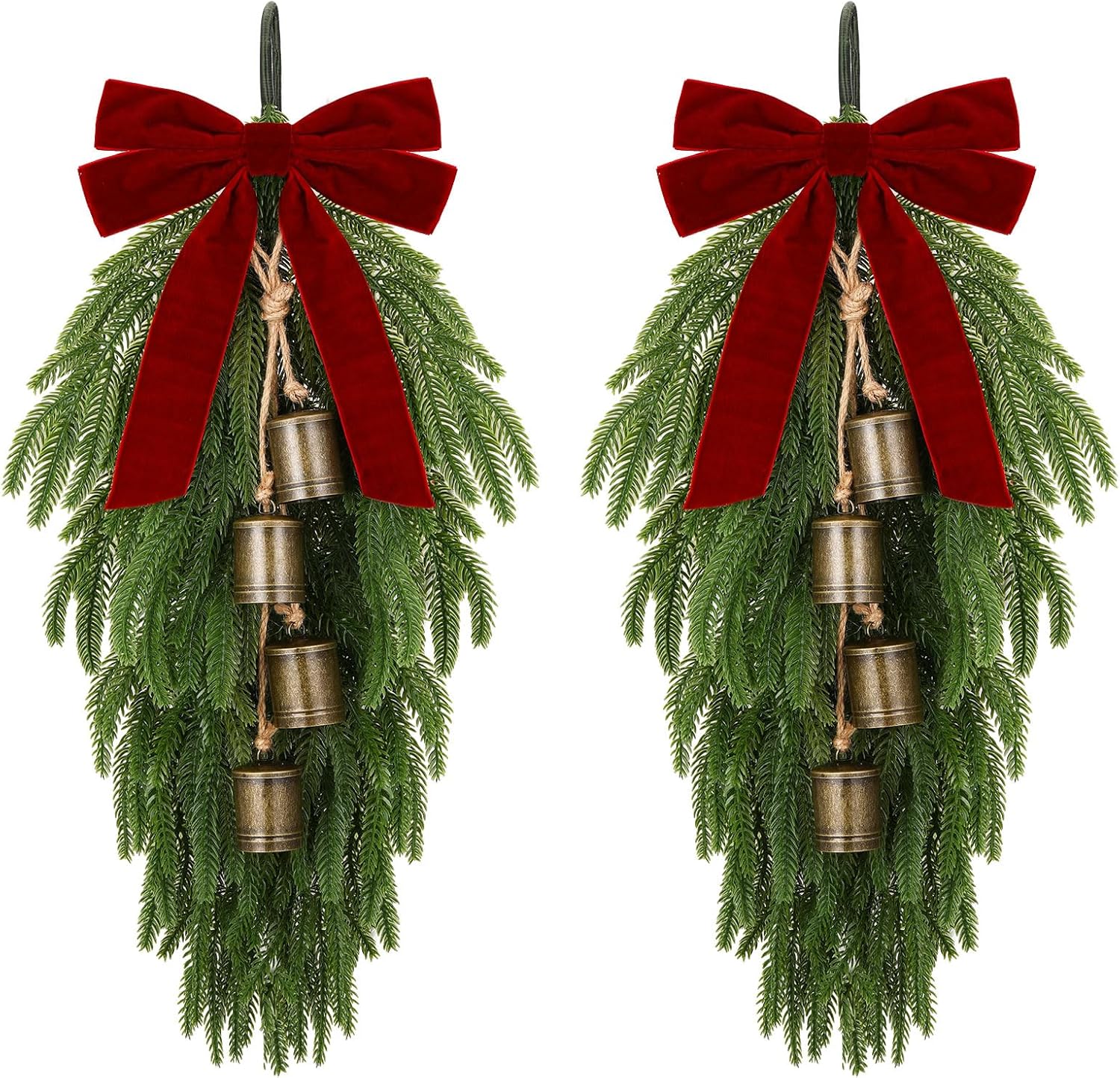 Daifunli 2 Pack Christmas Teardrop Swags 23.6 Artificial Norfolk Pine Greenery with Red Velvet Bow and Rustic Metal Bells, Hanging Door Swags for Christmas Front Door Indoor Outdoor Wall Decoration