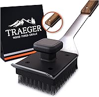 Traeger BAC537 Grill Cleaning Brush - Safe Nylon Bristles, Stainless Steel Scraper, Teak Wood Handle for Easy BBQ Grate Cleanup