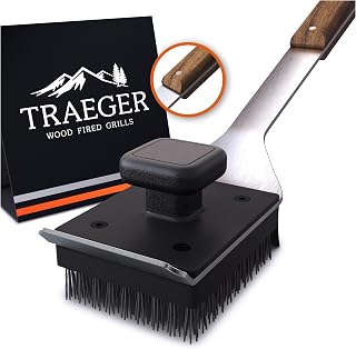 Traeger BAC537 Grill Cleaning Brush - Safe Nylon Bristles, Stainless Steel Scraper, Teak Wood Handle for Easy BBQ Grate Cleanup