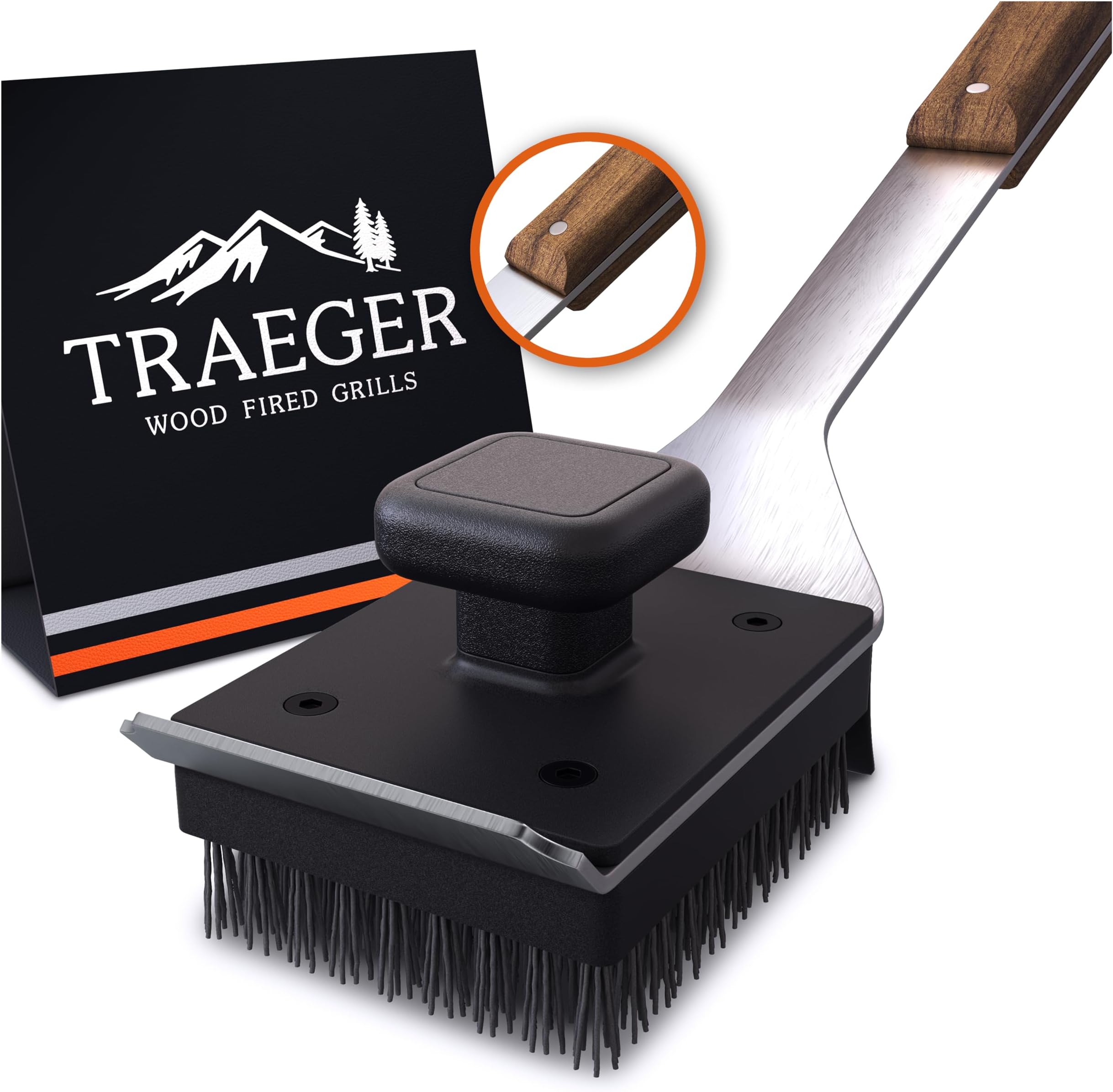Traeger Grills BAC537 BBQ Cleaning Brush for Outdoor Grill – Stainless Steel Grill Scraper with Nylon Bristles, Teak Wood Handle, Dual Grip Design, and Hanging Loop